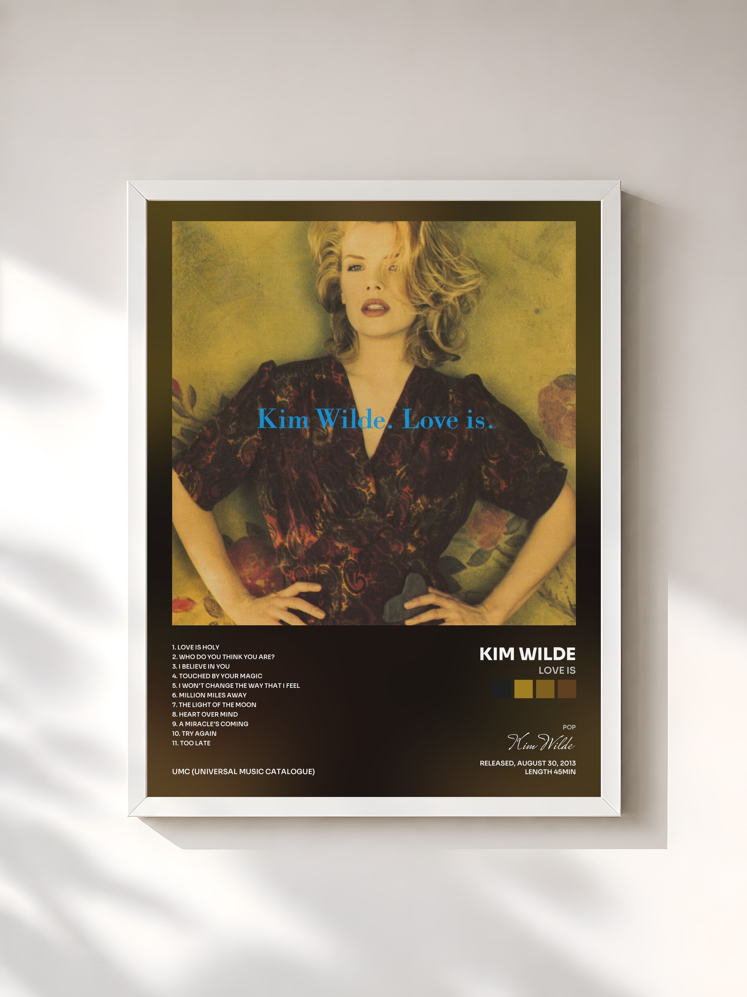 #blanc Tableau de l'album Love Is de Kim Wilde, cadre blanc, imprimé et encadré en France
