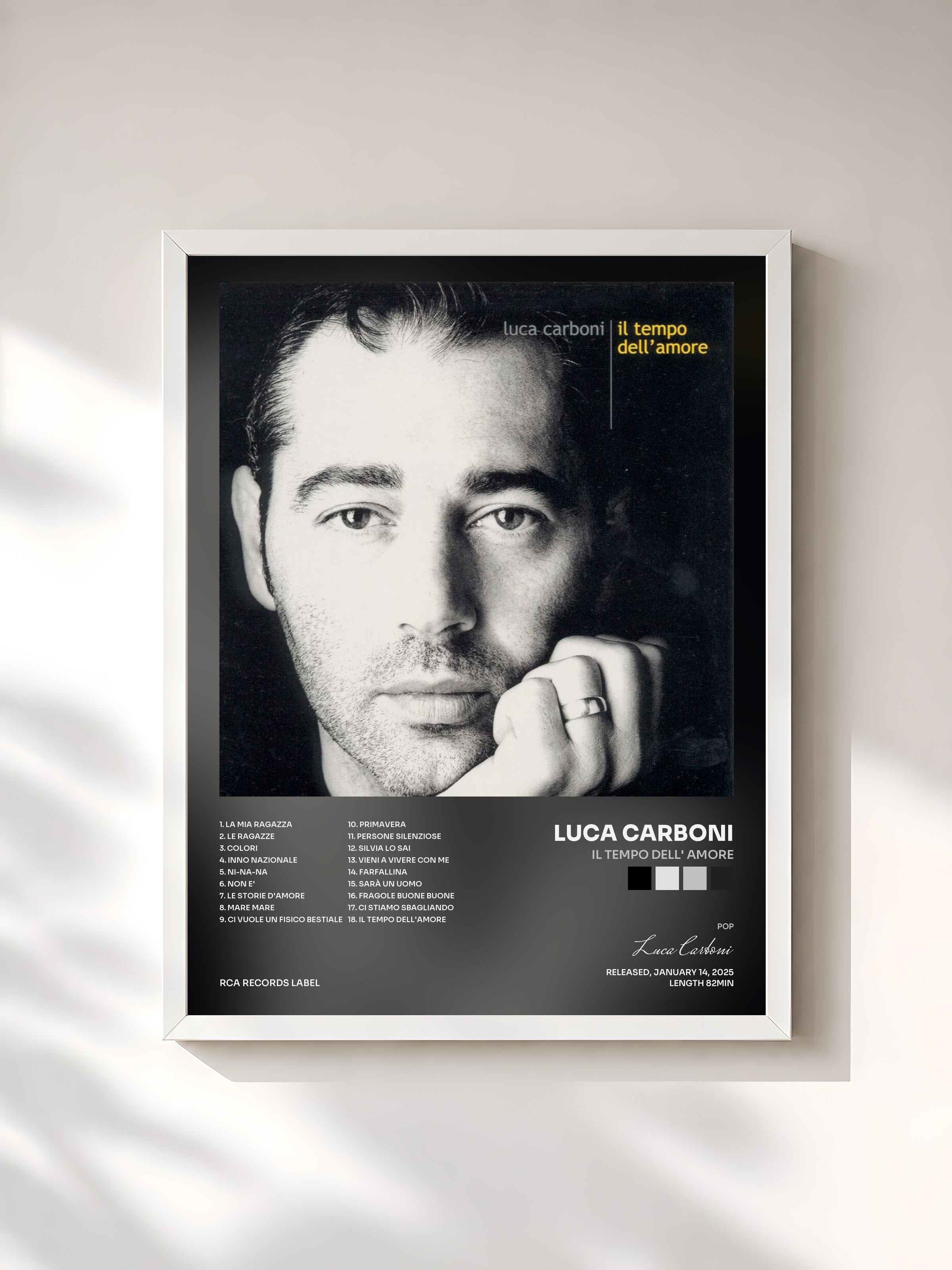 #blanc Tableau de l'album Il Tempo Dell' Amore de Luca Carboni, cadre blanc, imprimé et encadré en France