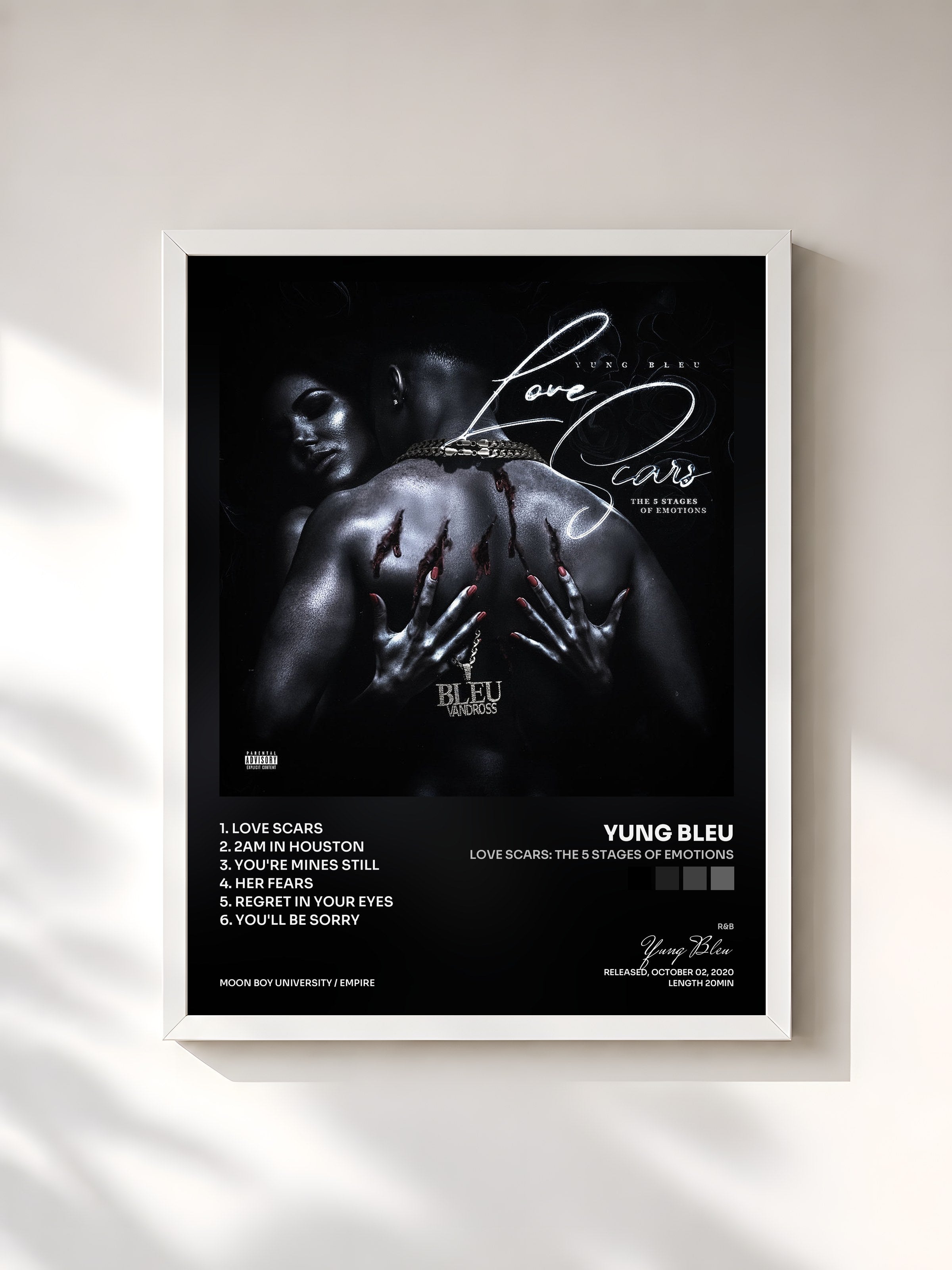 #blanc Tableau de l'album Love Scars: The 5 Stages Of Emotions de Yung Bleu, cadre blanc, imprimé et encadré en France
