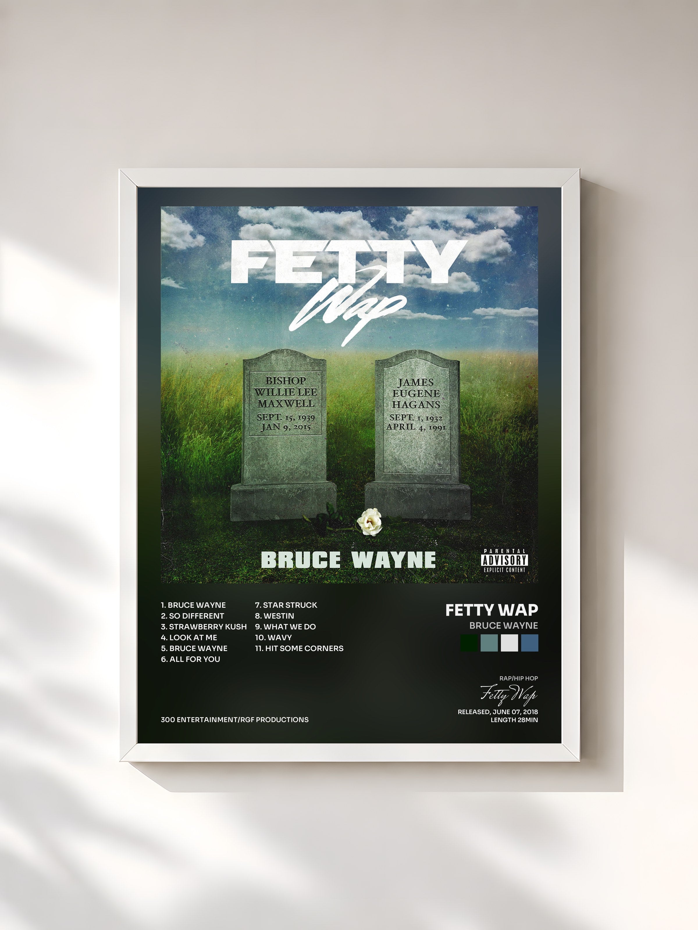 #blanc Tableau de l'album Bruce Wayne de Fetty Wap, cadre blanc, imprimé et encadré en France