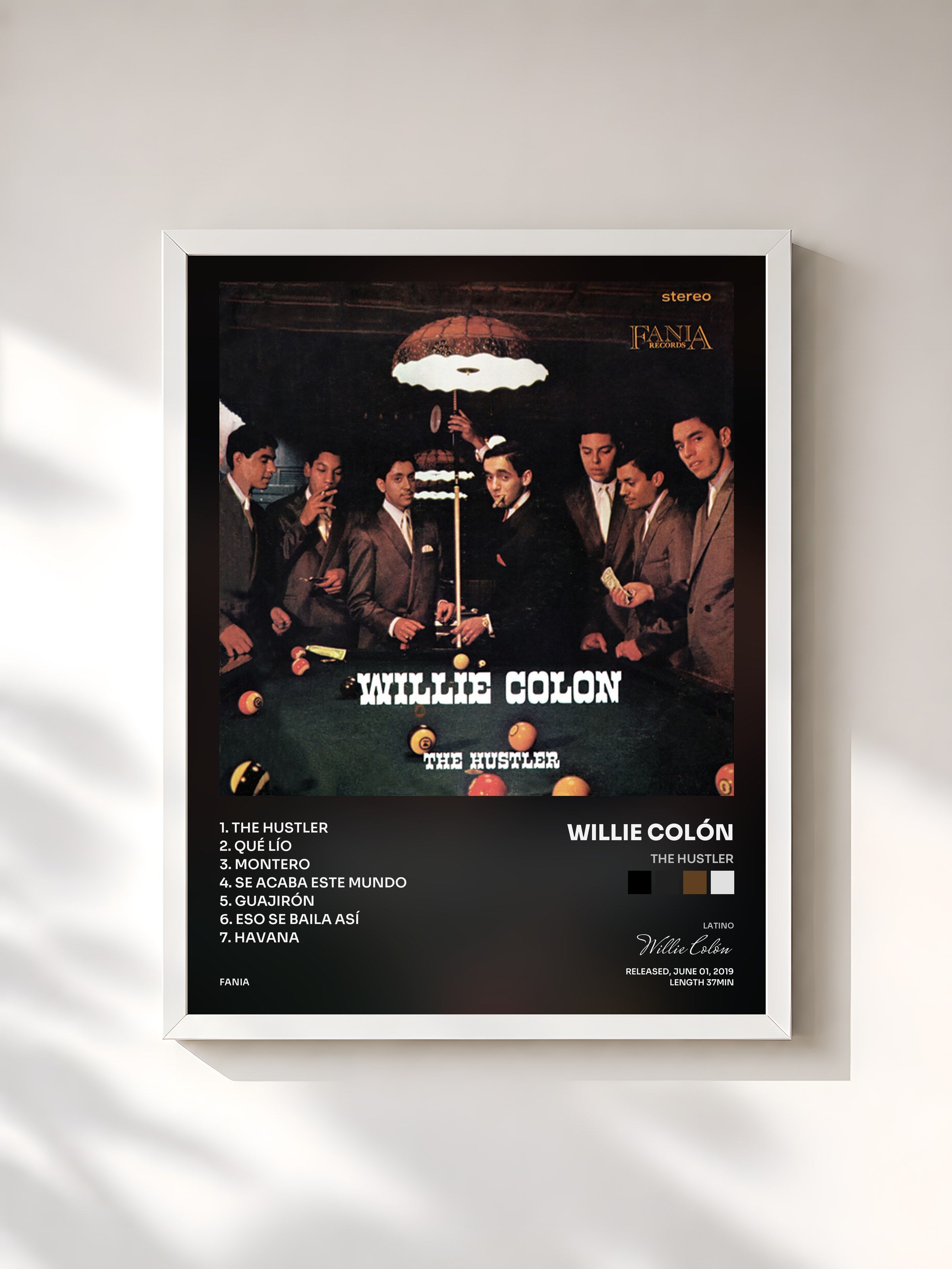#blanc Tableau de l'album The Hustler de Willie Colón, cadre blanc, imprimé et encadré en France