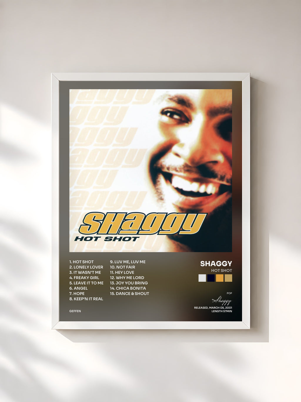 #blanc Tableau de l'album Hot Shot de Shaggy, cadre blanc, imprimé et encadré en France