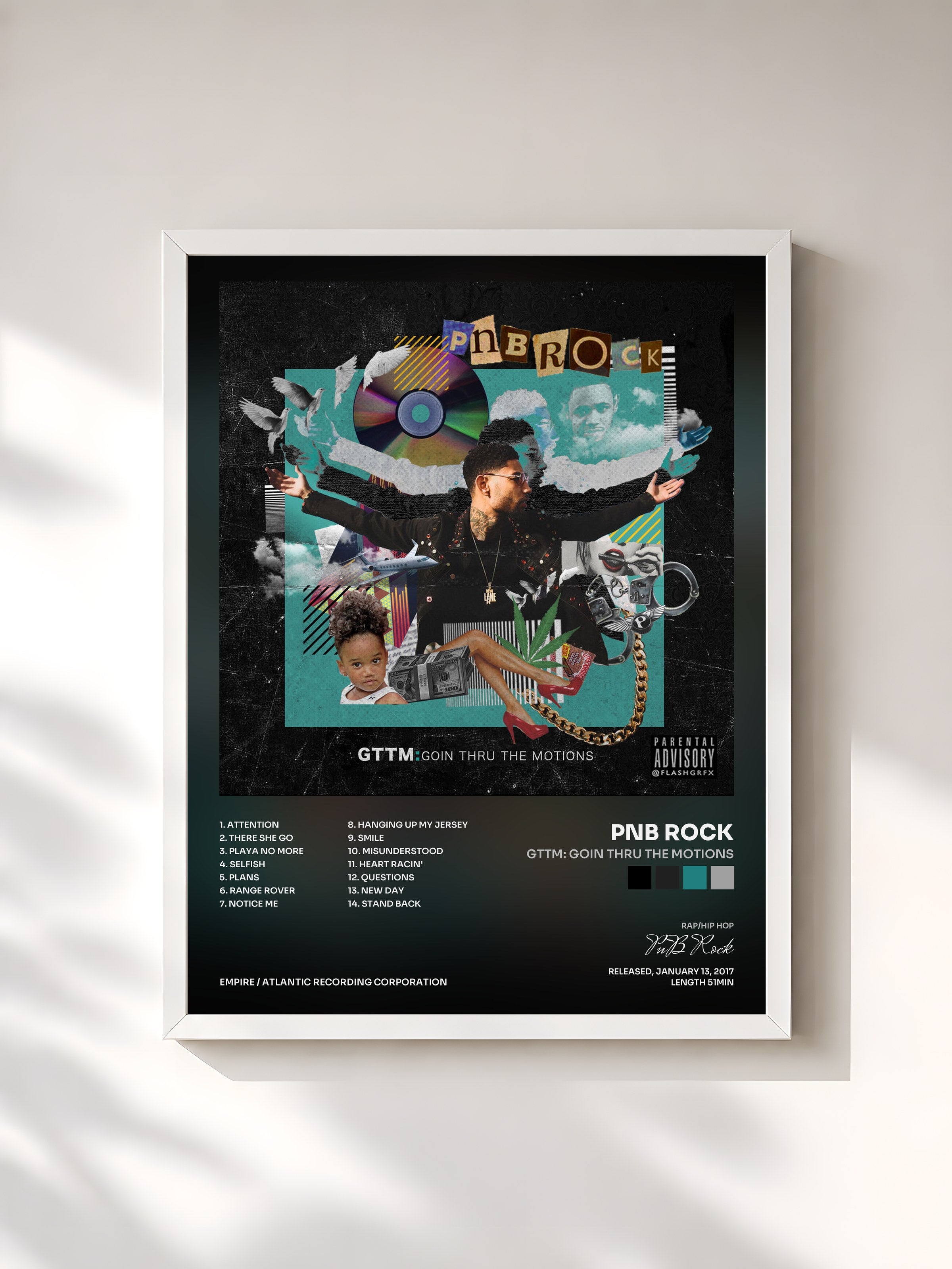 #blanc Tableau de l'album GTTM: Goin Thru the Motions de PnB Rock, cadre blanc, imprimé et encadré en France