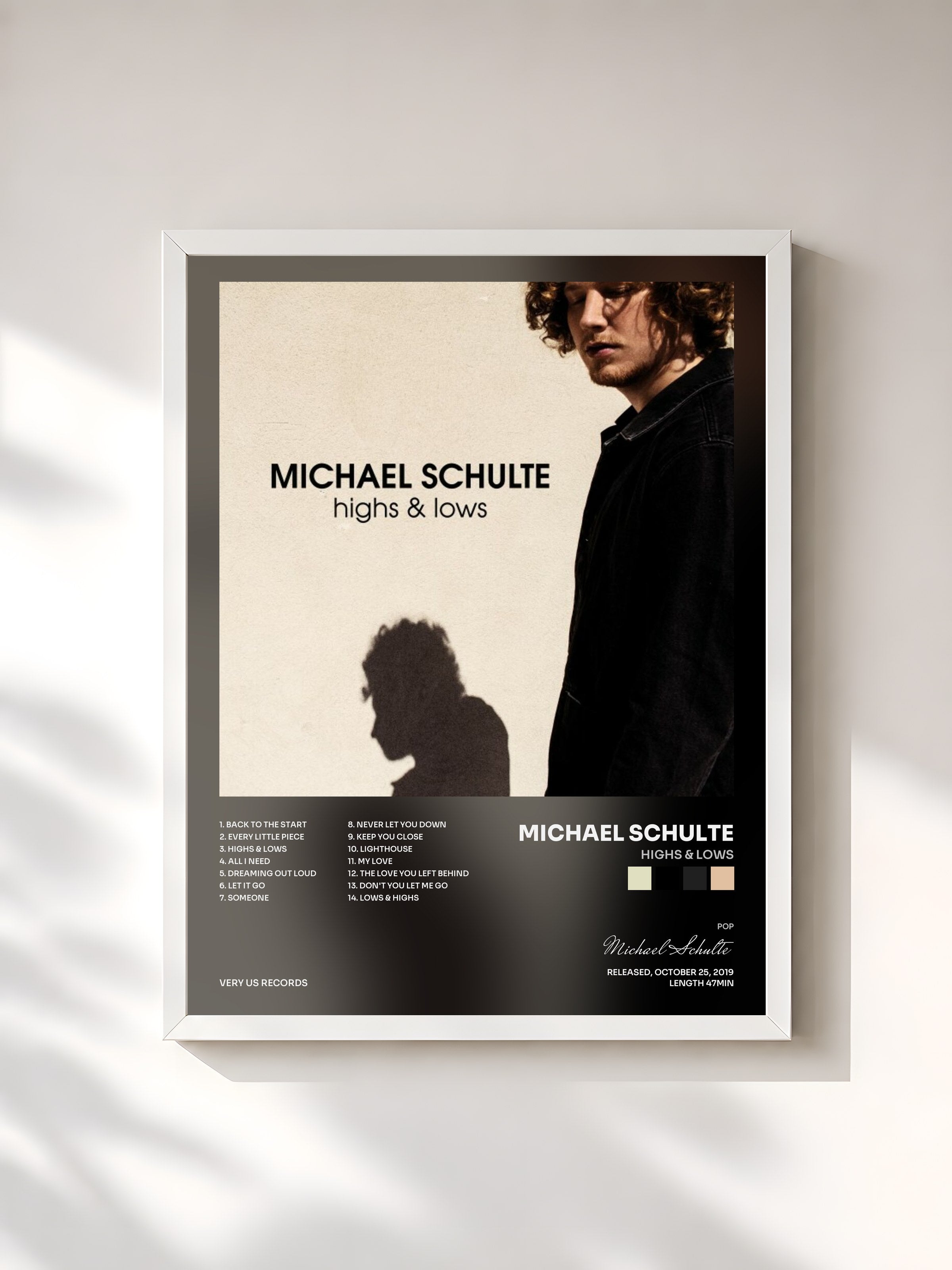 #blanc Tableau de l'album Highs & Lows de Michael Schulte, cadre blanc, imprimé et encadré en France