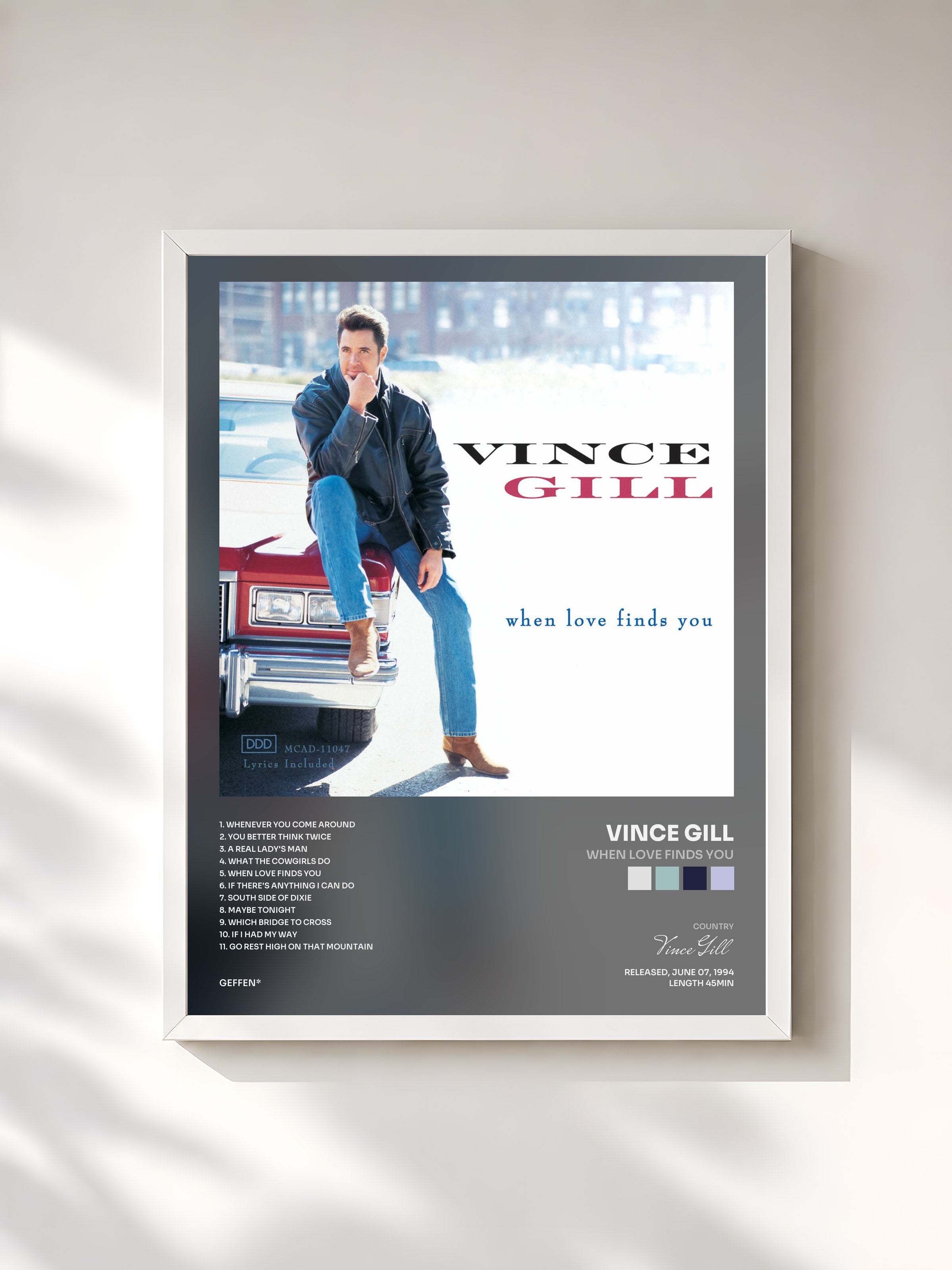 #blanc Tableau de l'album When Love Finds You de Vince Gill, cadre blanc, imprimé et encadré en France