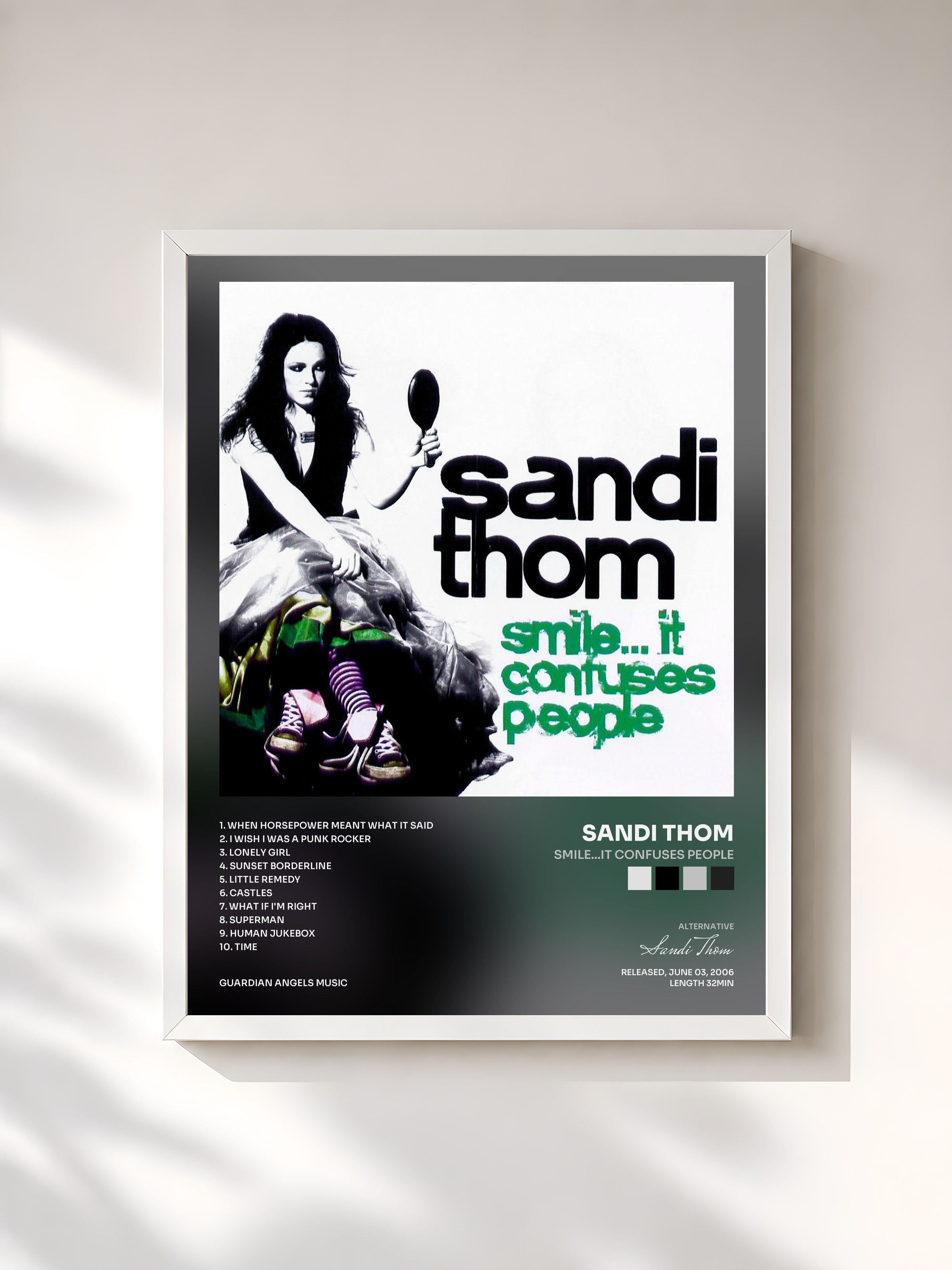 #blanc Tableau de l'album Smile...It Confuses People de Sandi Thom, cadre blanc, imprimé et encadré en France