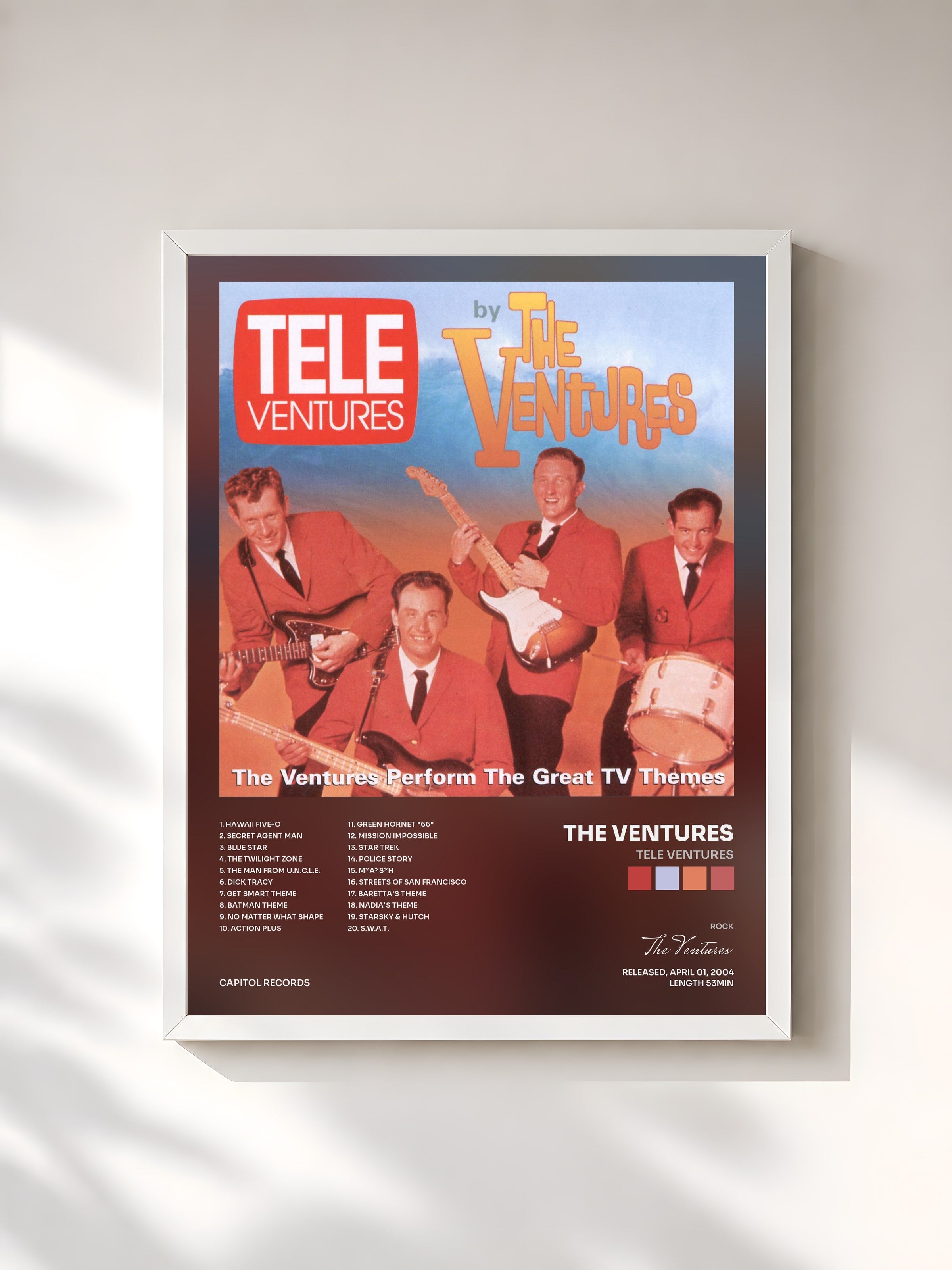 #blanc Tableau de l'album Tele Ventures de The Ventures, cadre blanc, imprimé et encadré en France