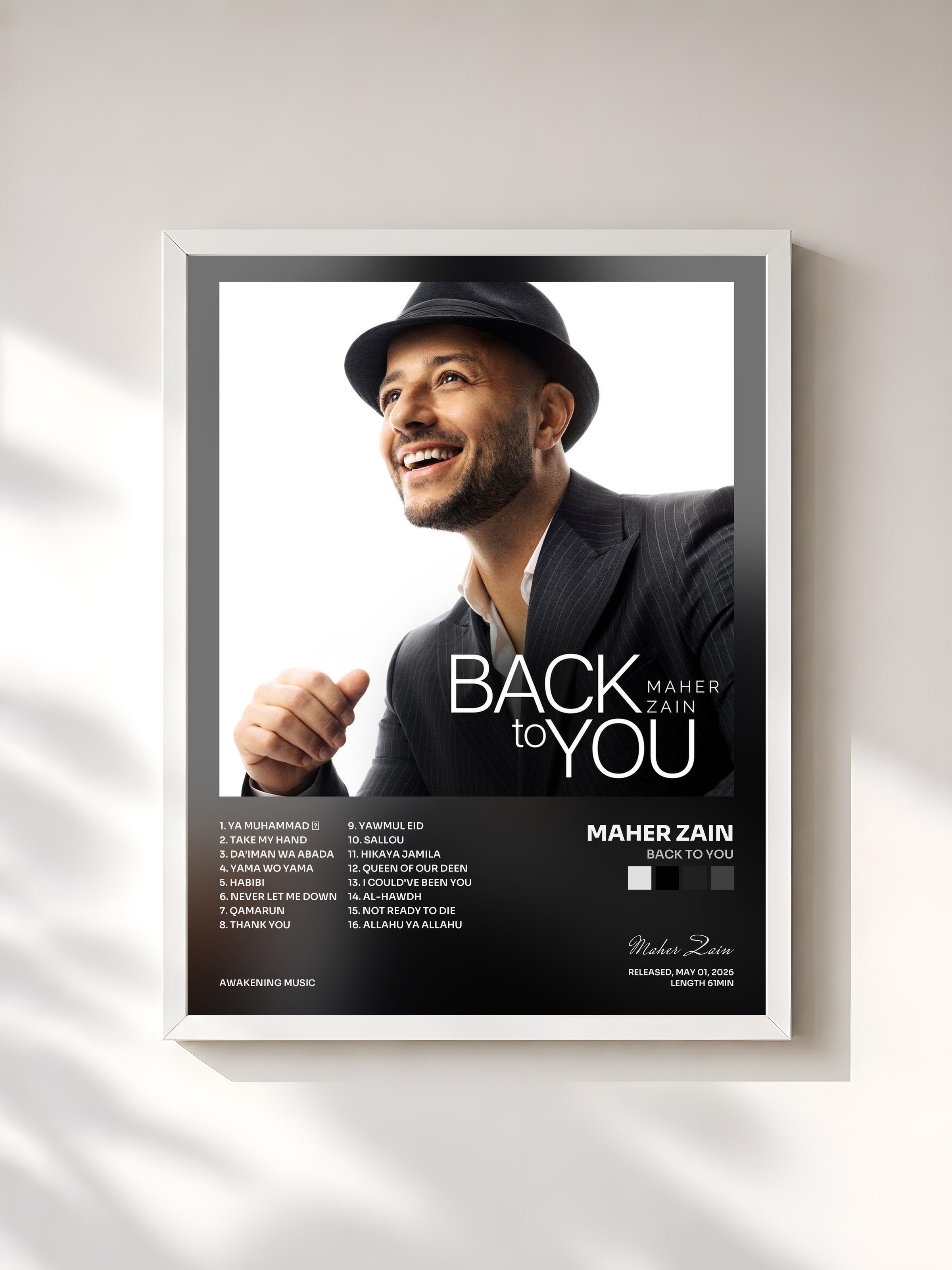 #blanc Tableau de l'album Back To You de Maher Zain, cadre blanc, imprimé et encadré en France