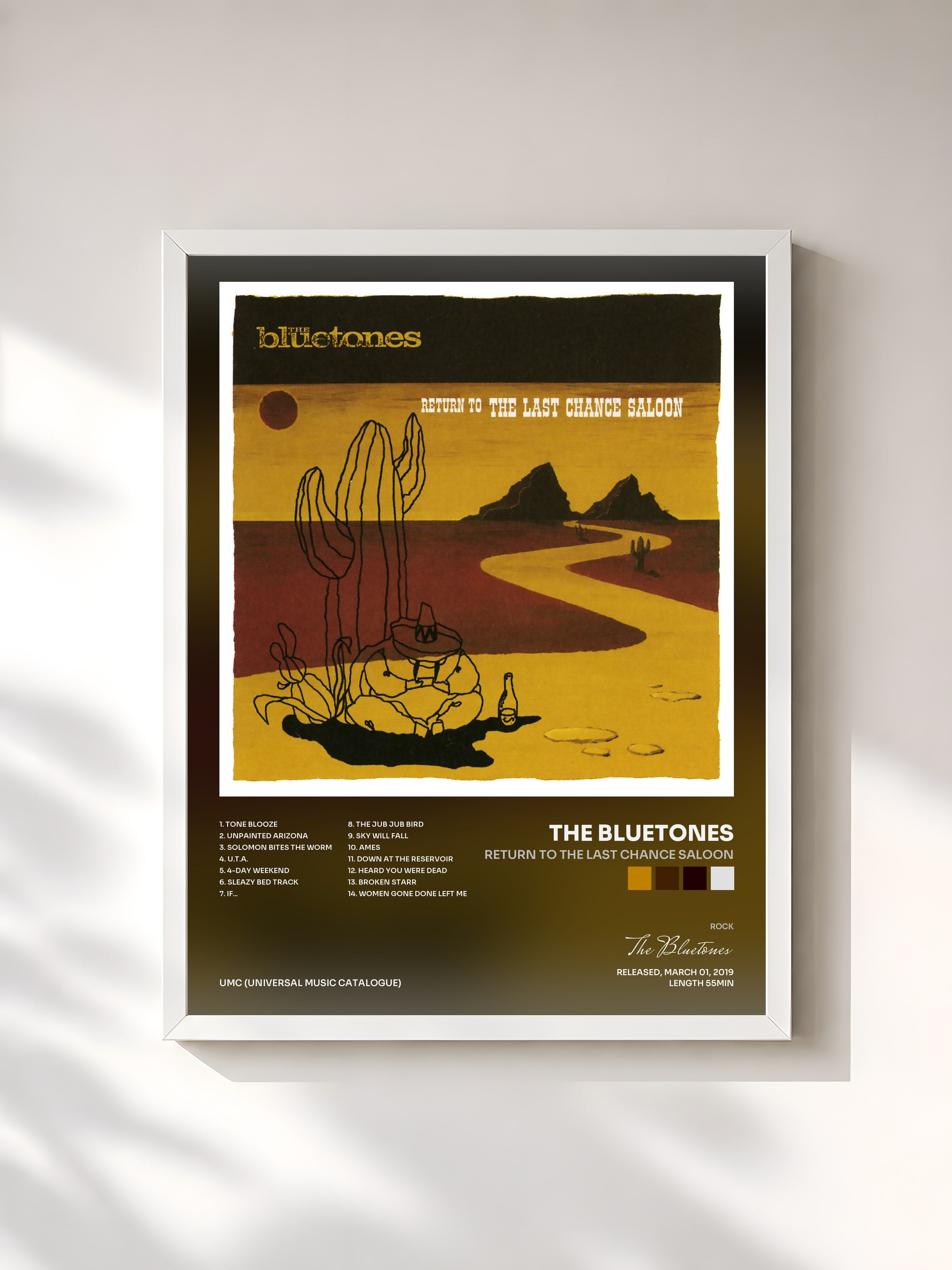 #blanc Tableau de l'album Return To The Last Chance Saloon de The Bluetones, cadre blanc, imprimé et encadré en France