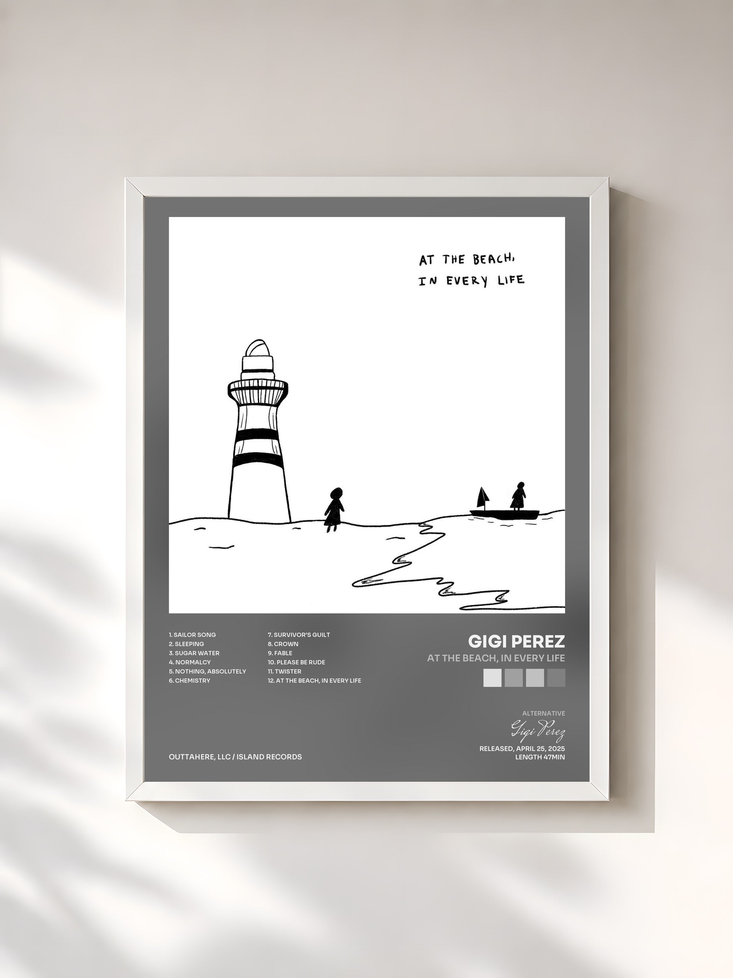 #blanc Tableau de l'album At The Beach, In Every Life de Gigi Perez, cadre blanc, imprimé et encadré en France
