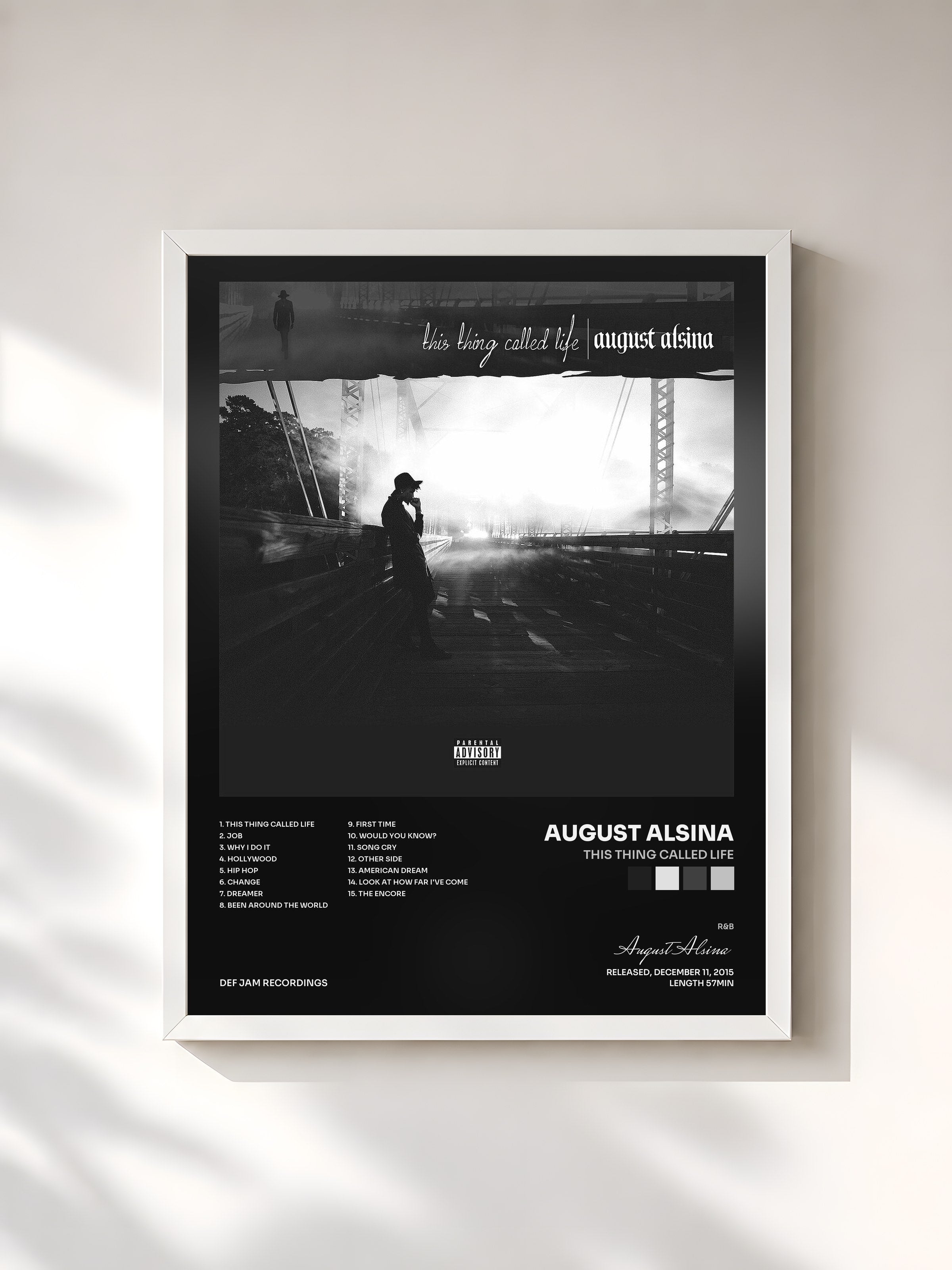 #blanc Tableau de l'album This Thing Called Life de August Alsina, cadre blanc, imprimé et encadré en France