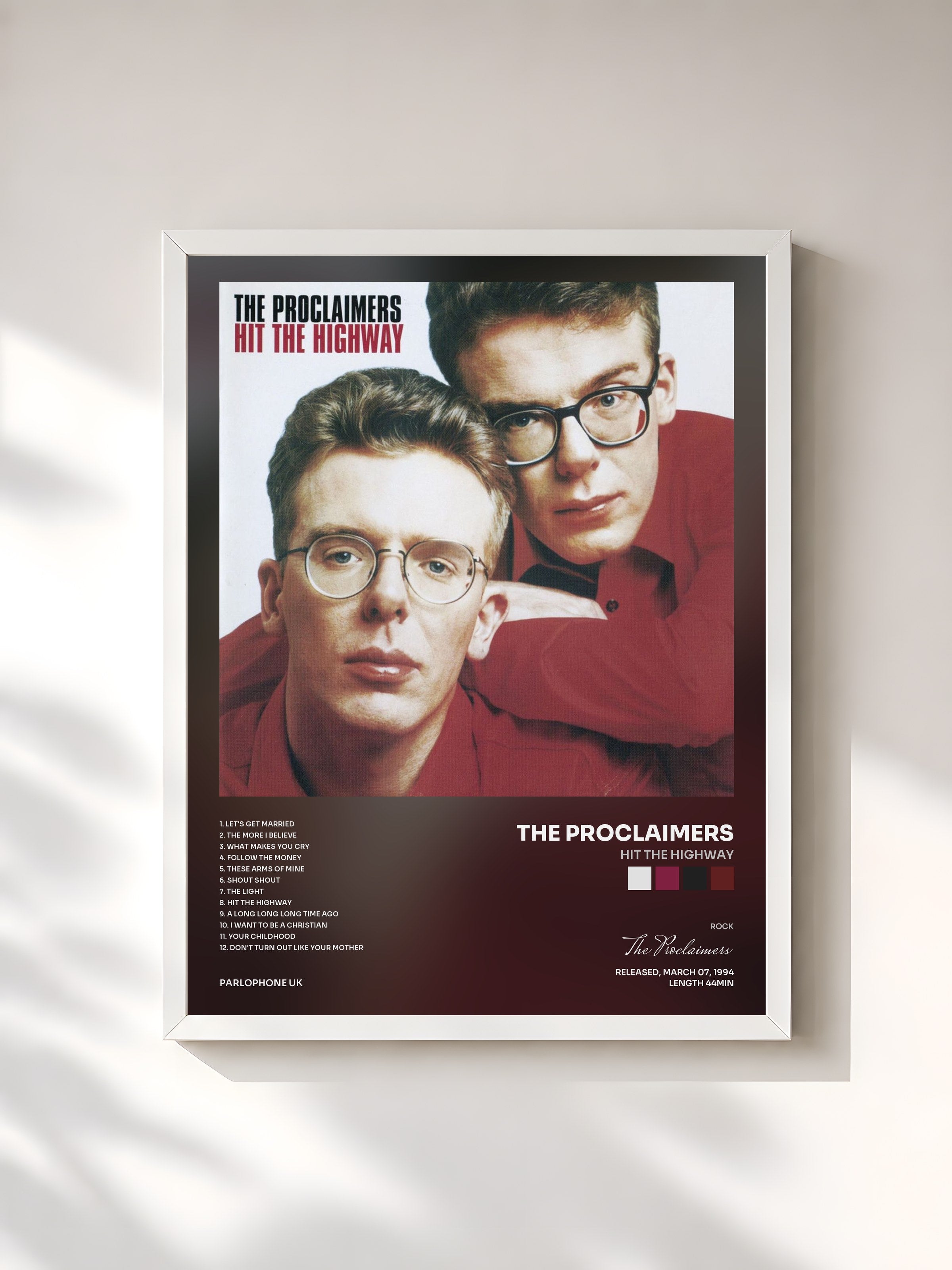 #blanc Tableau de l'album Hit the Highway de The Proclaimers, cadre blanc, imprimé et encadré en France