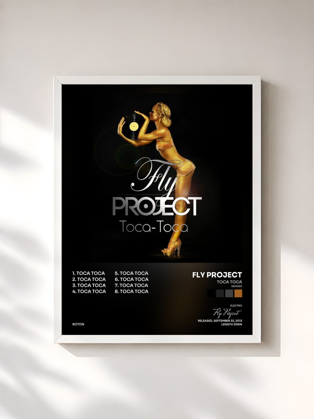 #blanc Tableau de l'album Toca Toca (Remixes) de Fly Project, cadre blanc, imprimé et encadré en France