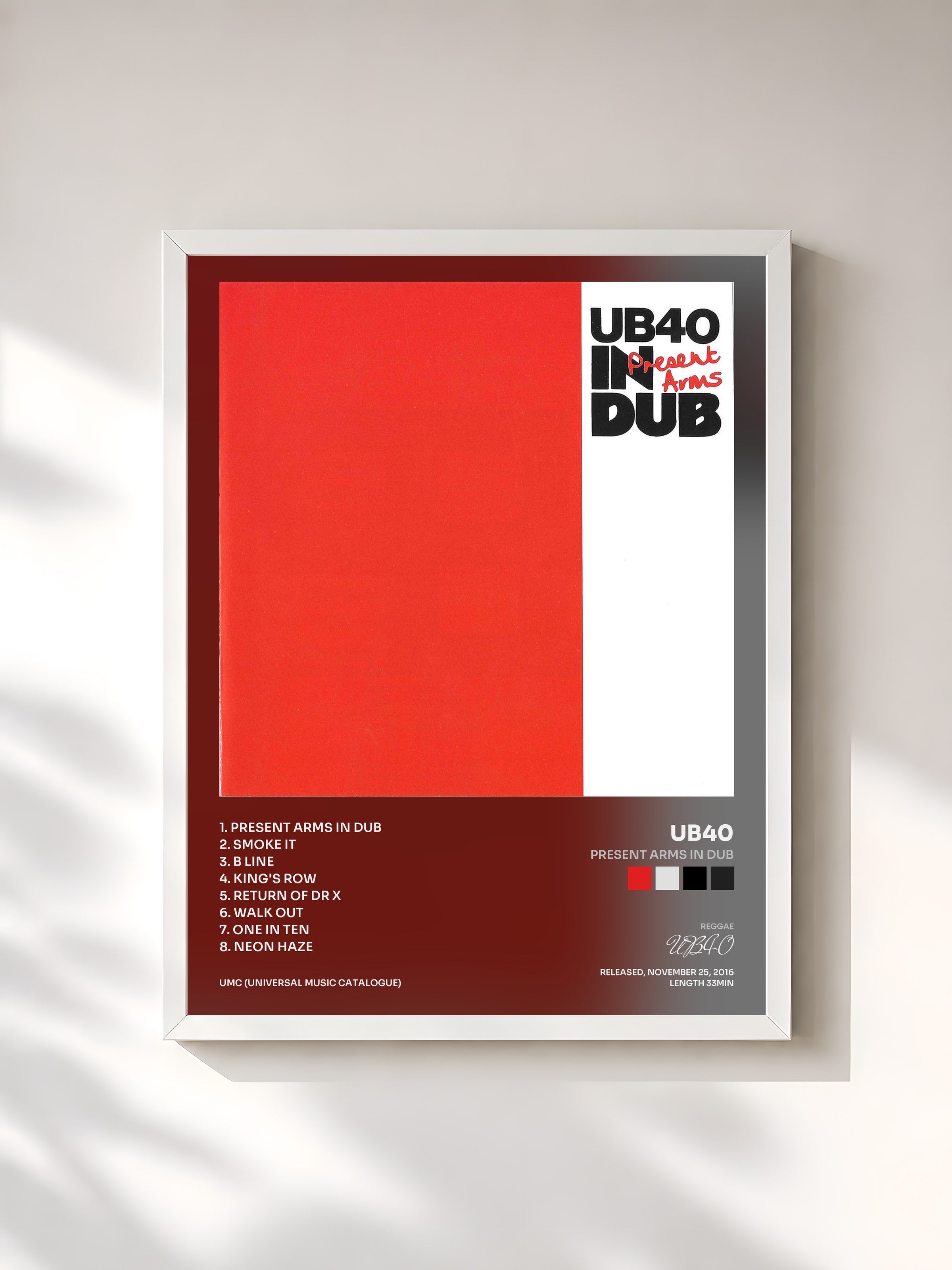 #blanc Tableau de l'album Present Arms In Dub de UB40, cadre blanc, imprimé et encadré en France
