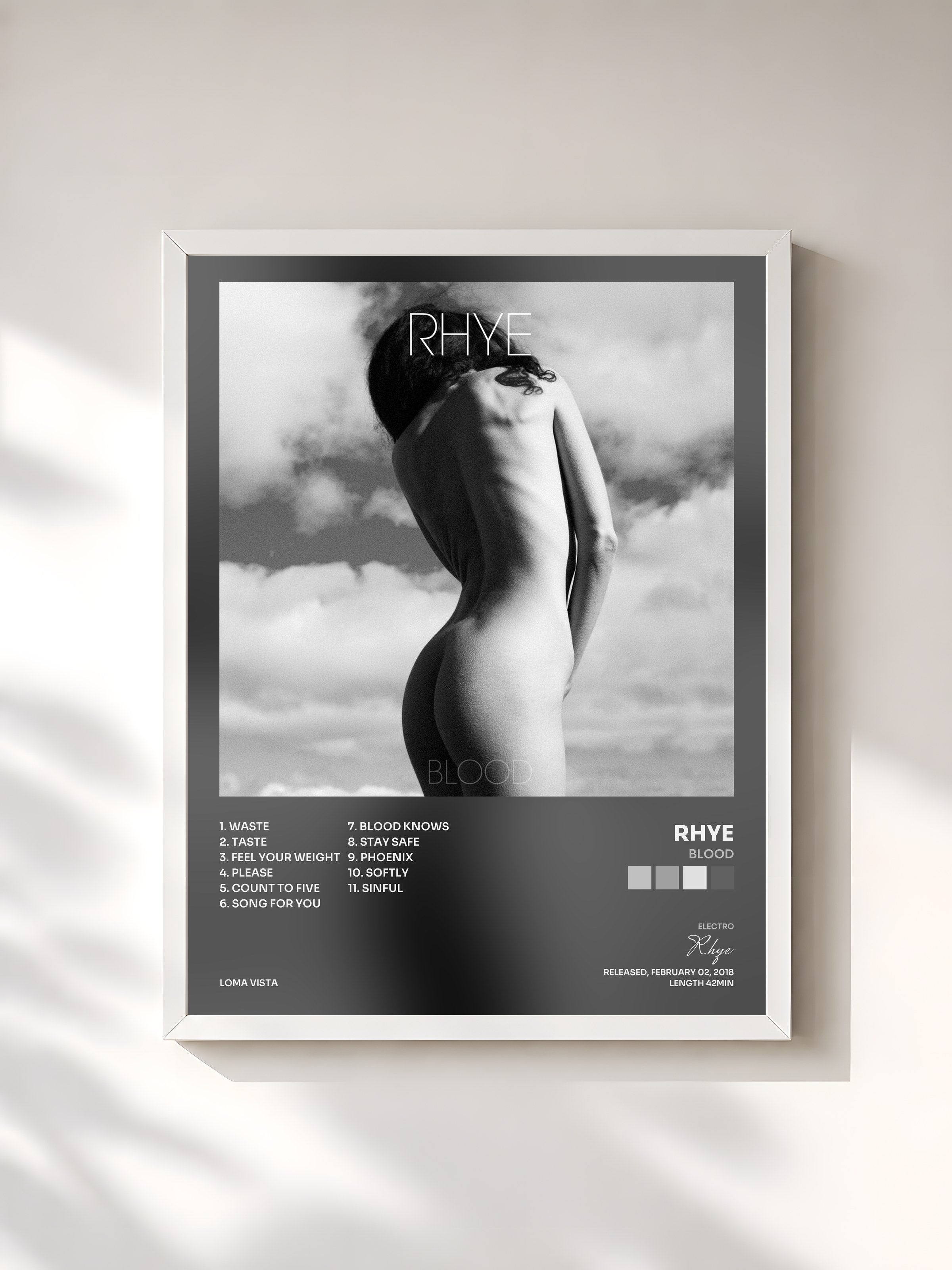 #blanc Tableau de l'album Blood de Rhye, cadre blanc, imprimé et encadré en France