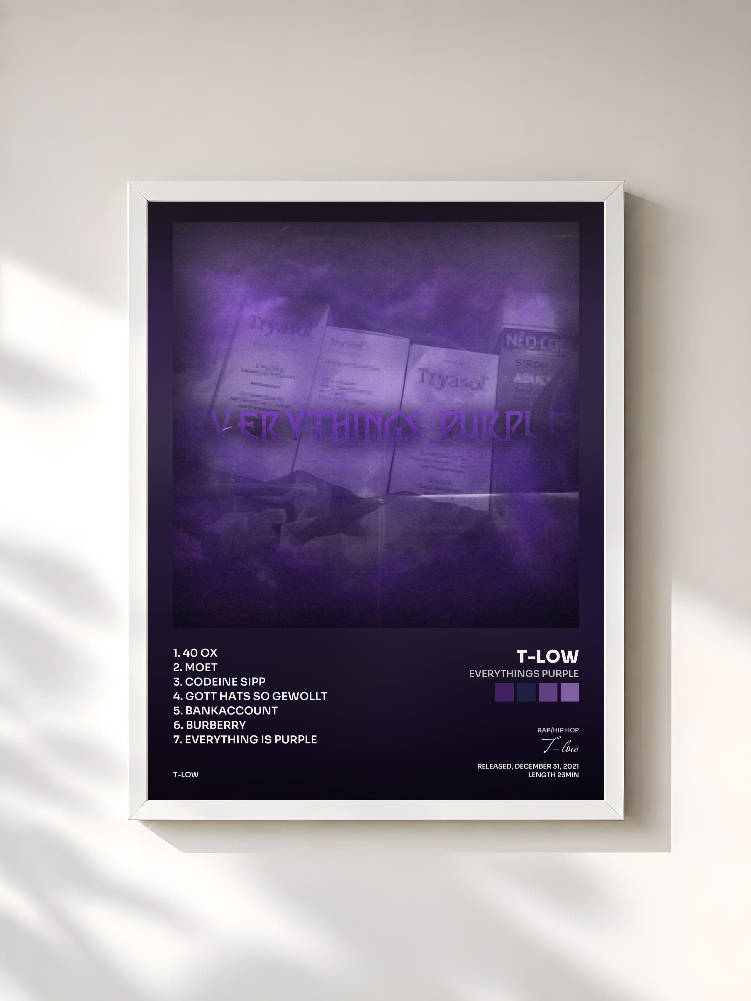 #blanc Tableau de l'album EVERYTHINGS PURPLE de T-low, cadre blanc, imprimé et encadré en France