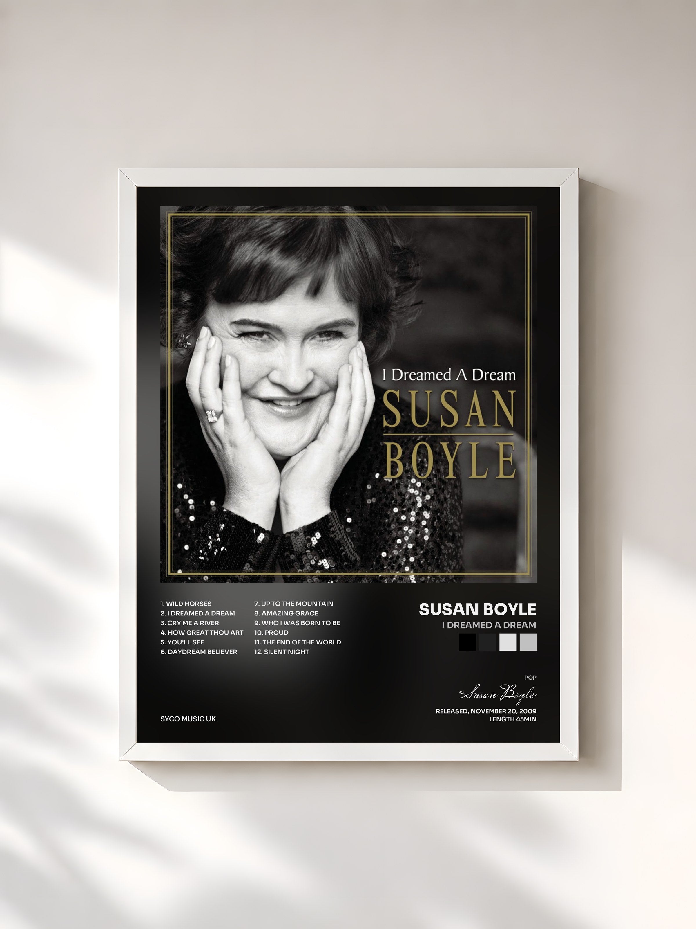 #blanc Tableau de l'album I Dreamed A Dream de Susan Boyle, cadre blanc, imprimé et encadré en France