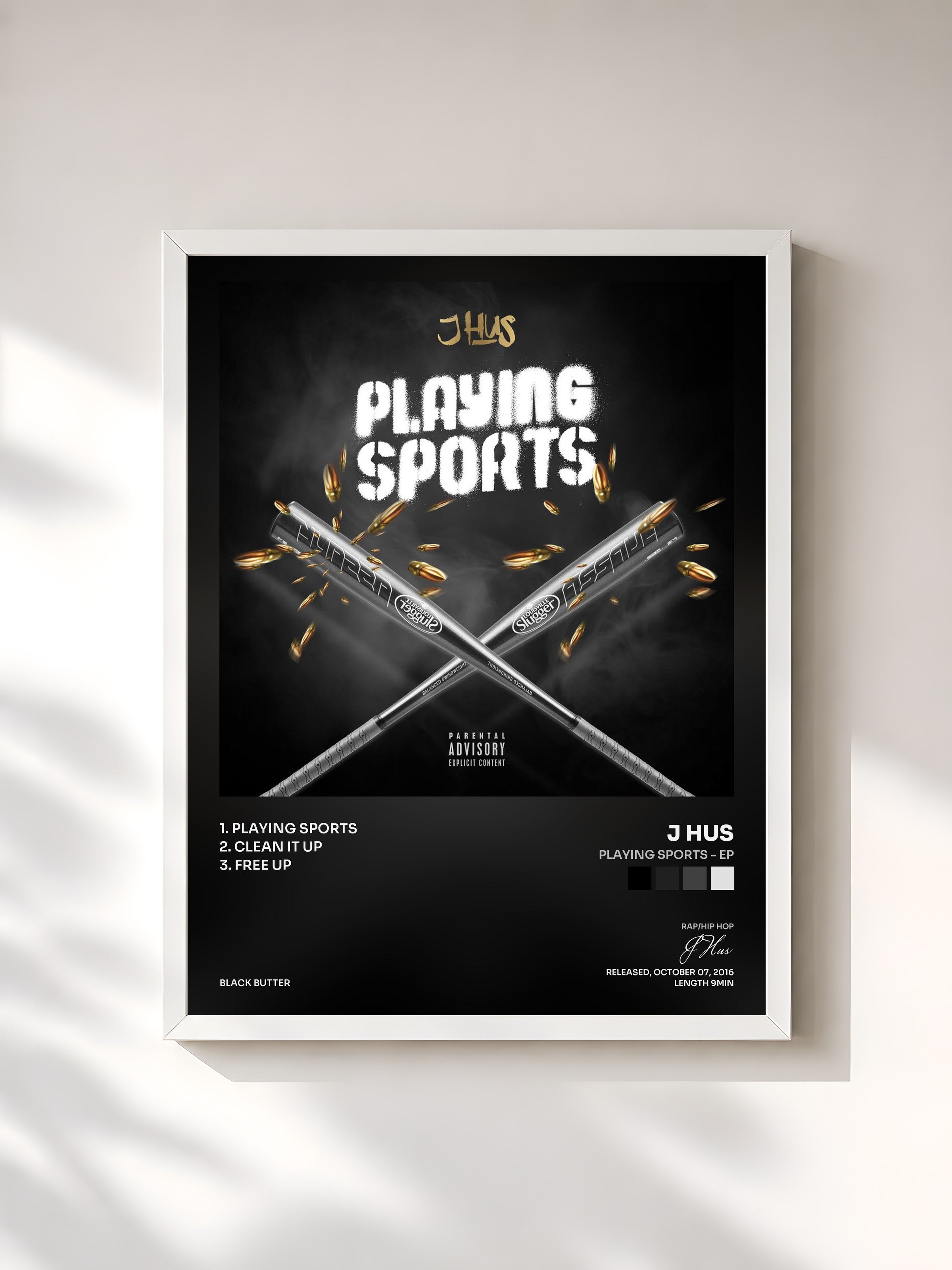#blanc Tableau de l'album Playing Sports - EP de J Hus, cadre blanc, imprimé et encadré en France