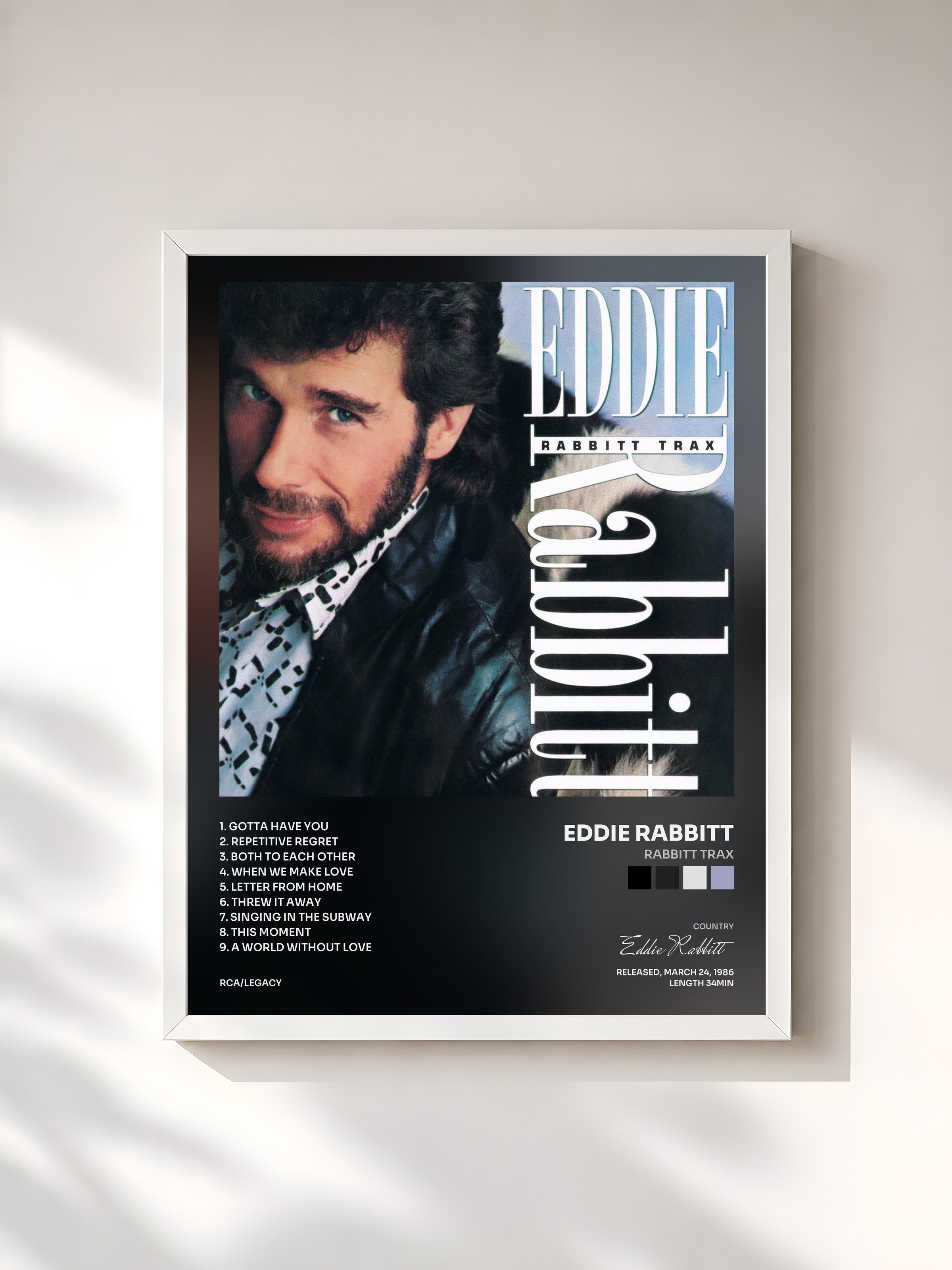 #blanc Tableau de l'album Rabbitt Trax de Eddie Rabbitt, cadre blanc, imprimé et encadré en France