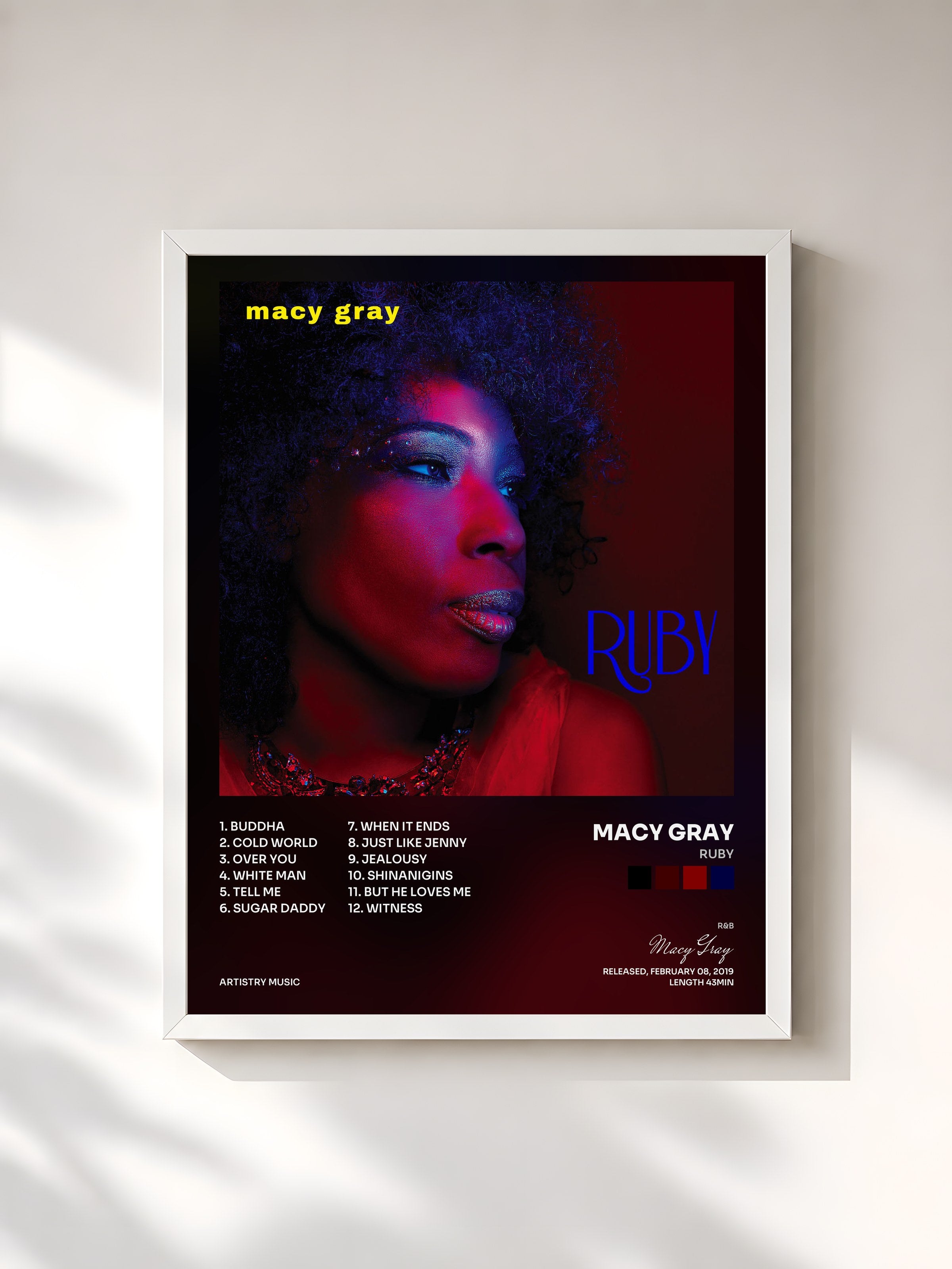 #blanc Tableau de l'album Ruby de Macy Gray, cadre blanc, imprimé et encadré en France