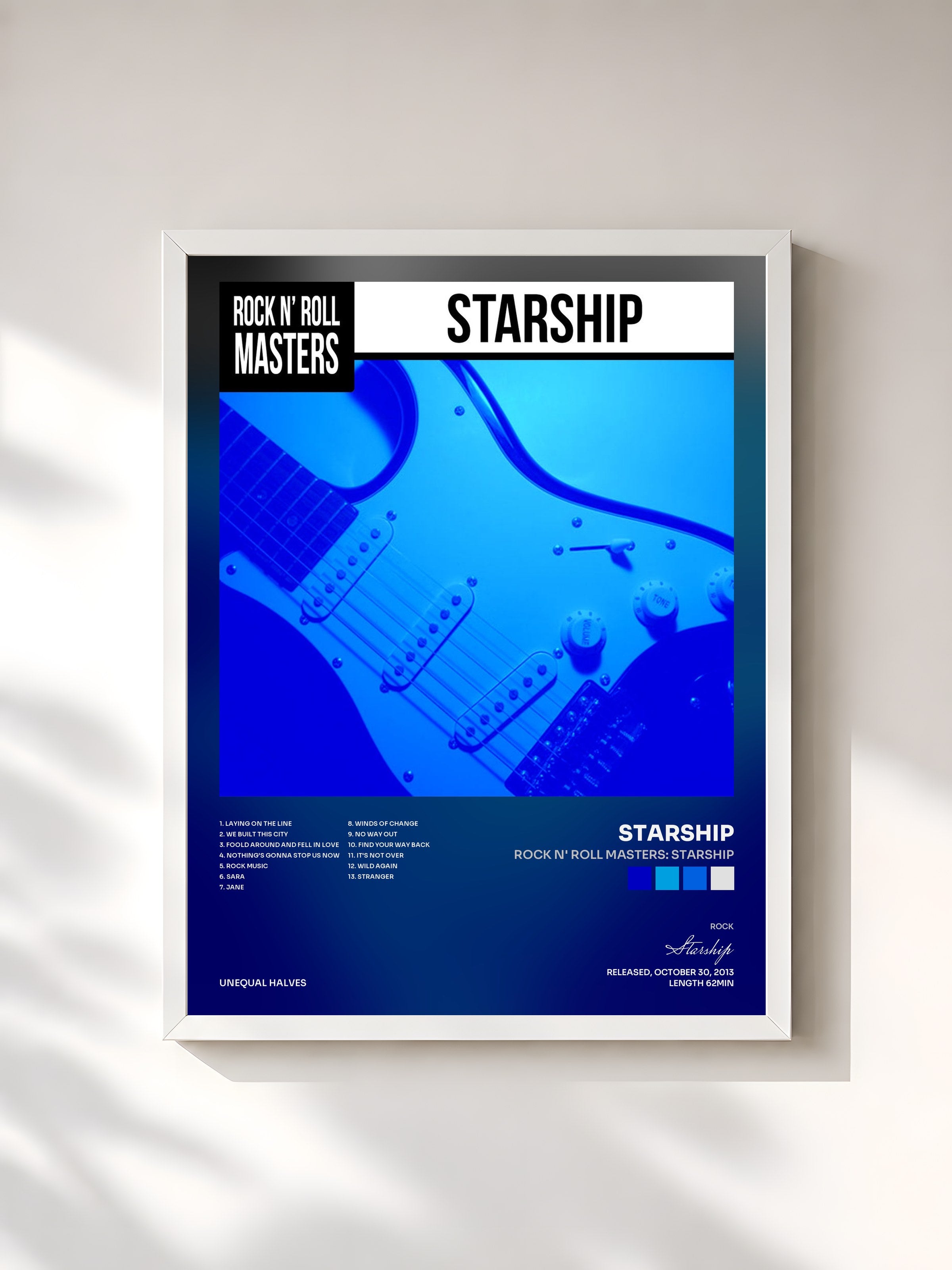 #blanc Tableau de l'album Rock n' Roll Masters: Starship de Starship, cadre blanc, imprimé et encadré en France