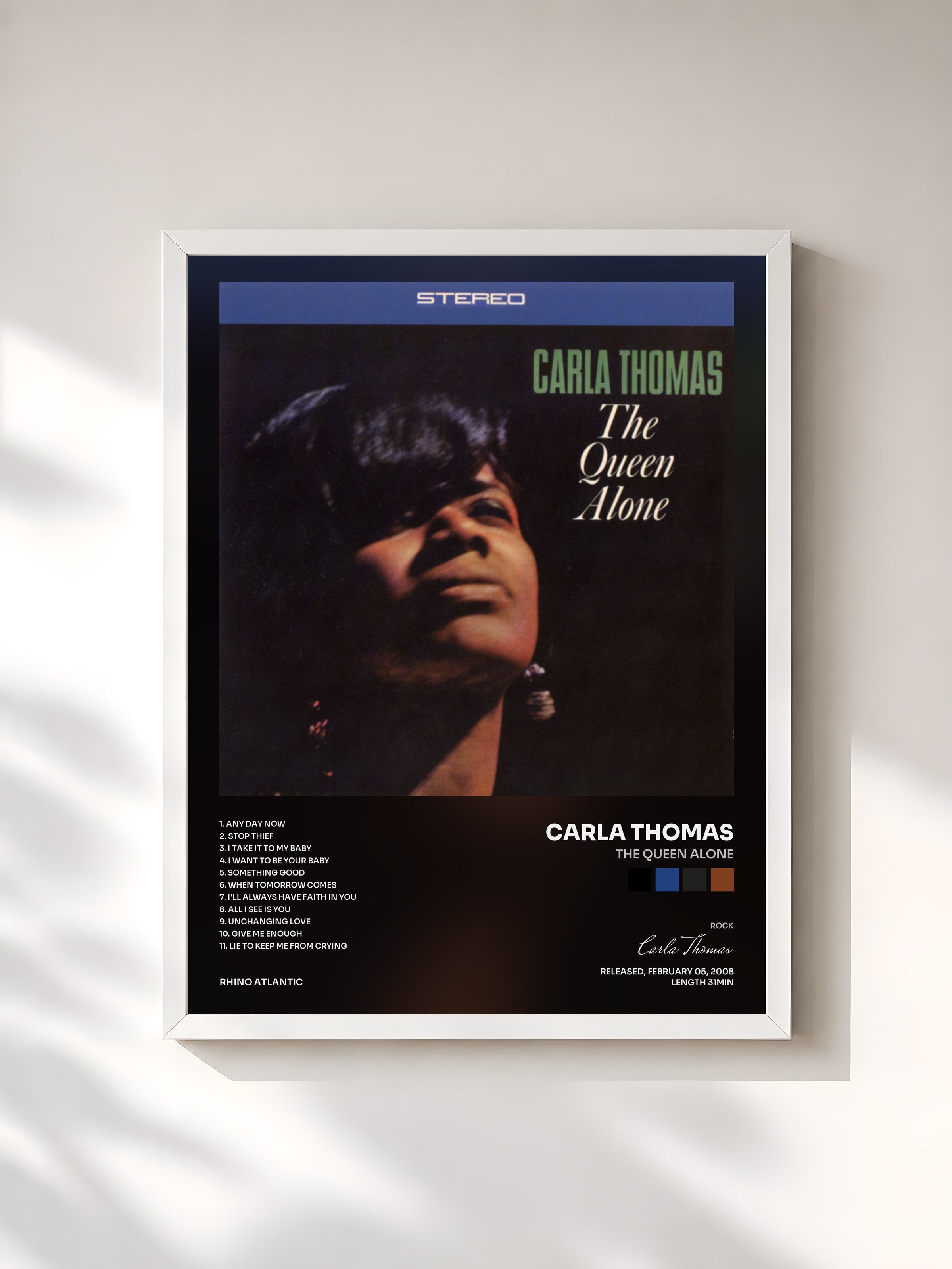 #blanc Tableau de l'album The Queen Alone de Carla Thomas, cadre blanc, imprimé et encadré en France