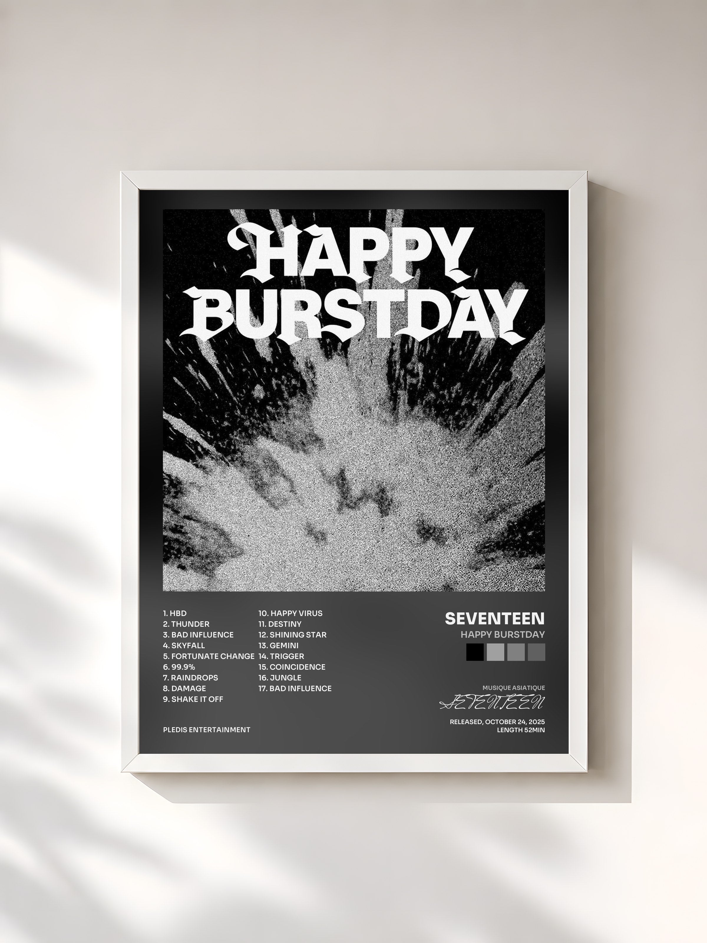 #blanc Tableau de l'album HAPPY BURSTDAY de SEVENTEEN, cadre blanc, imprimé et encadré en France