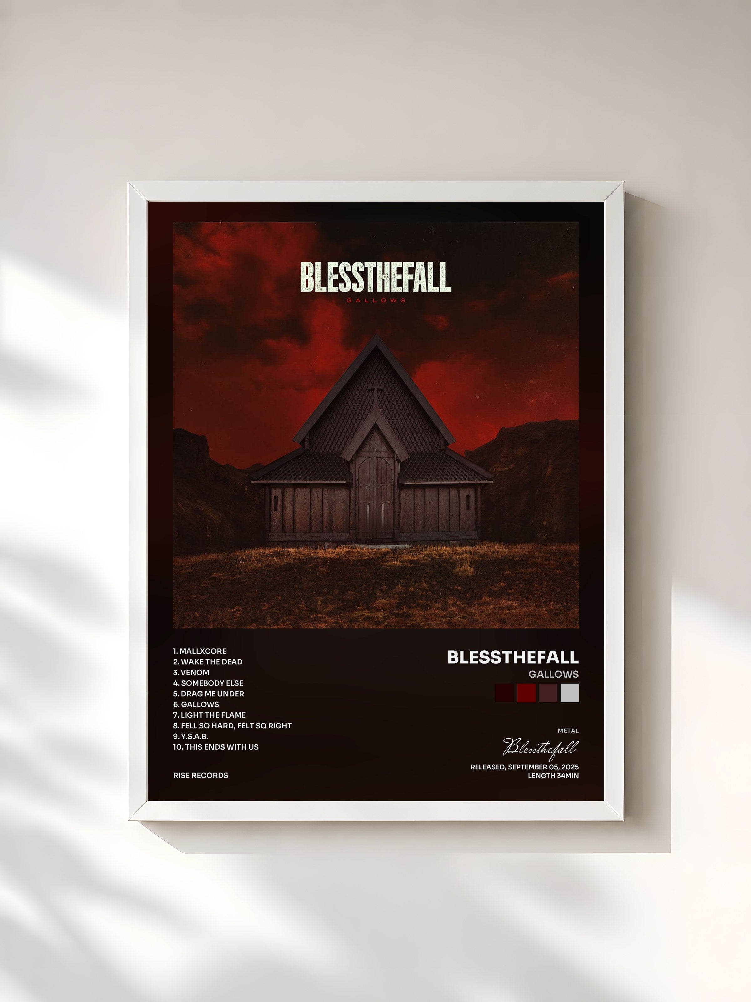 #blanc Tableau de l'album GALLOWS de Blessthefall, cadre blanc, imprimé et encadré en France