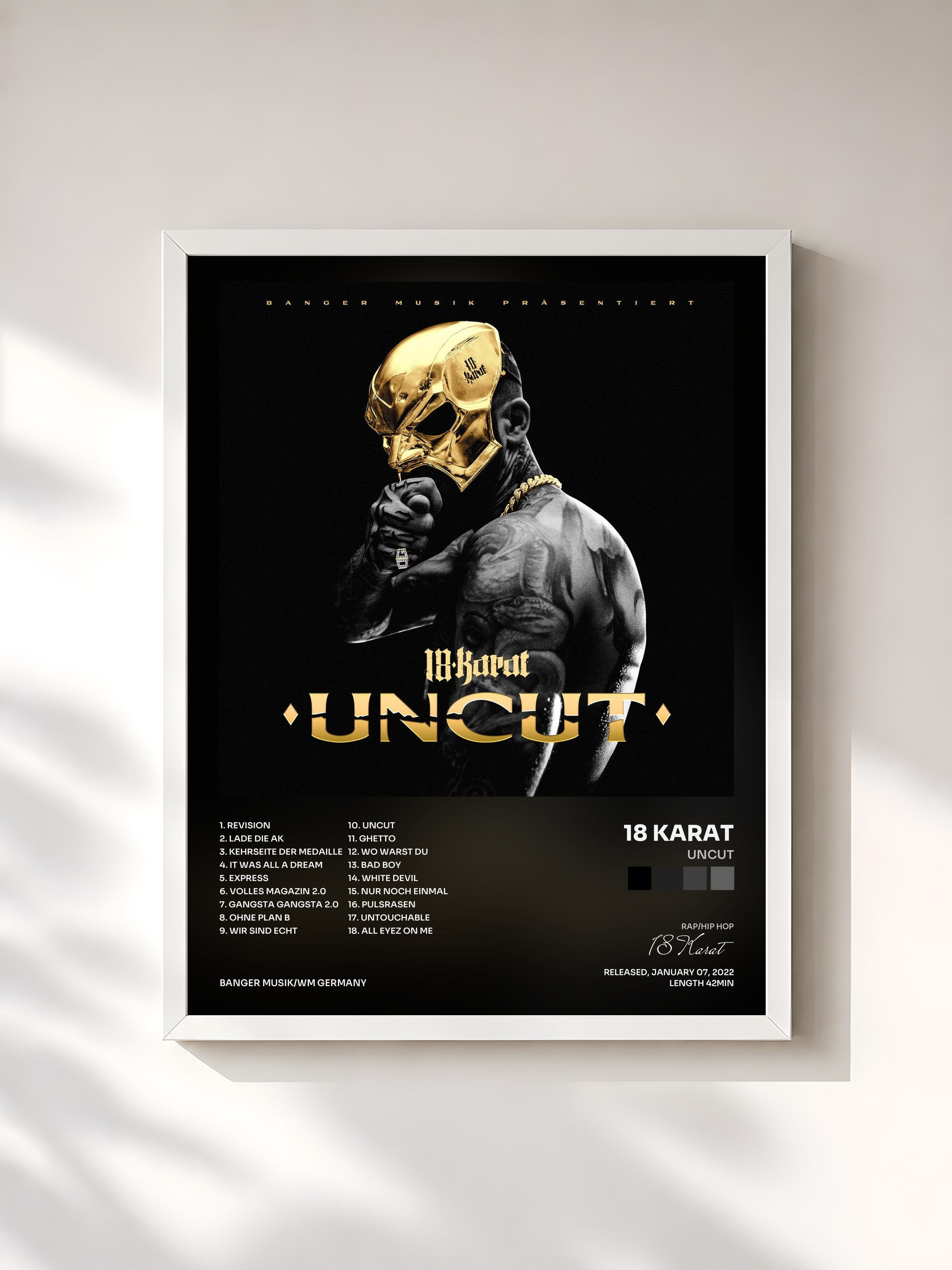 #blanc Tableau de l'album UNCUT de 18 Karat, cadre blanc, imprimé et encadré en France