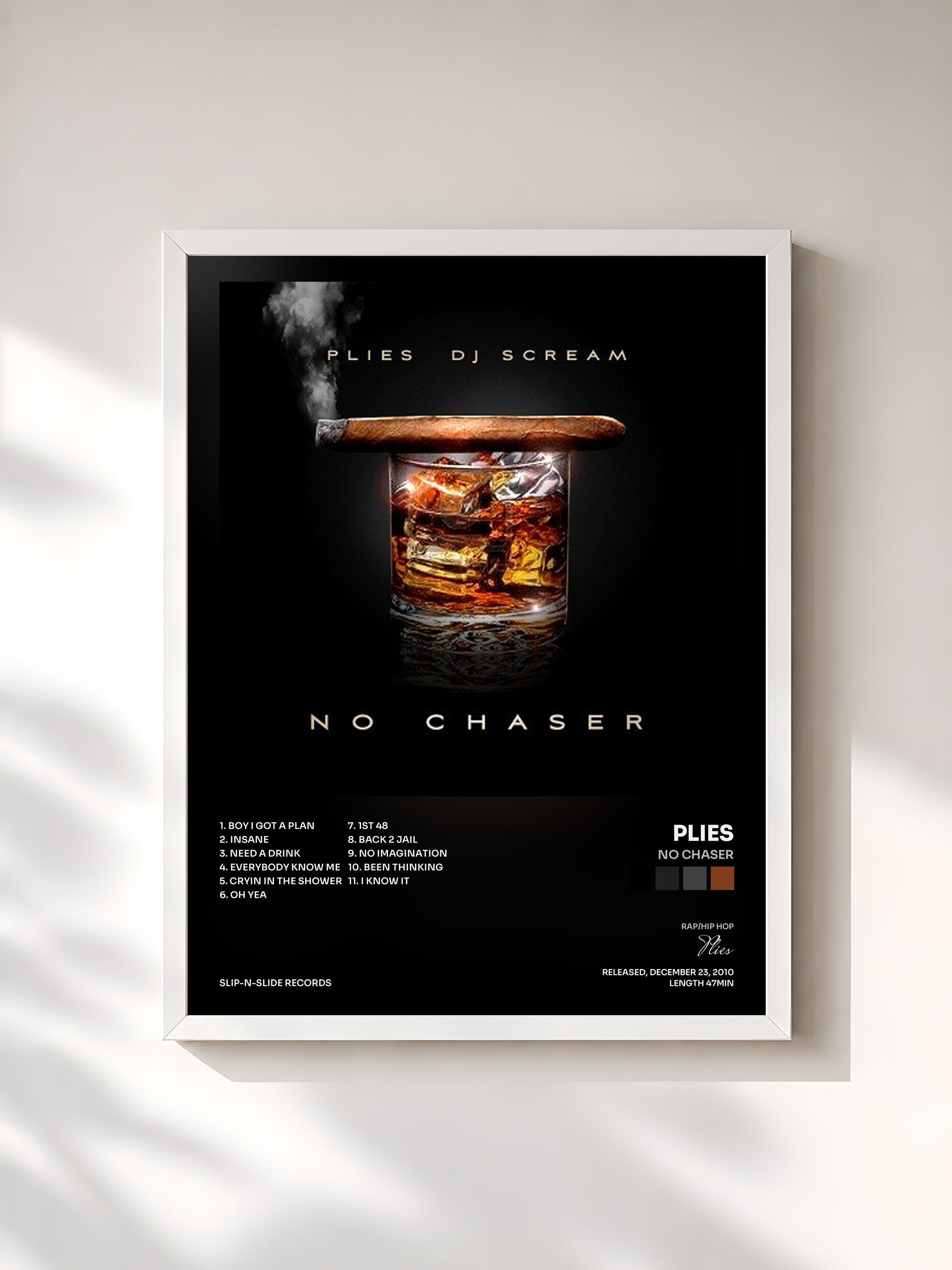 #blanc Tableau de l'album No Chaser de Plies, cadre blanc, imprimé et encadré en France