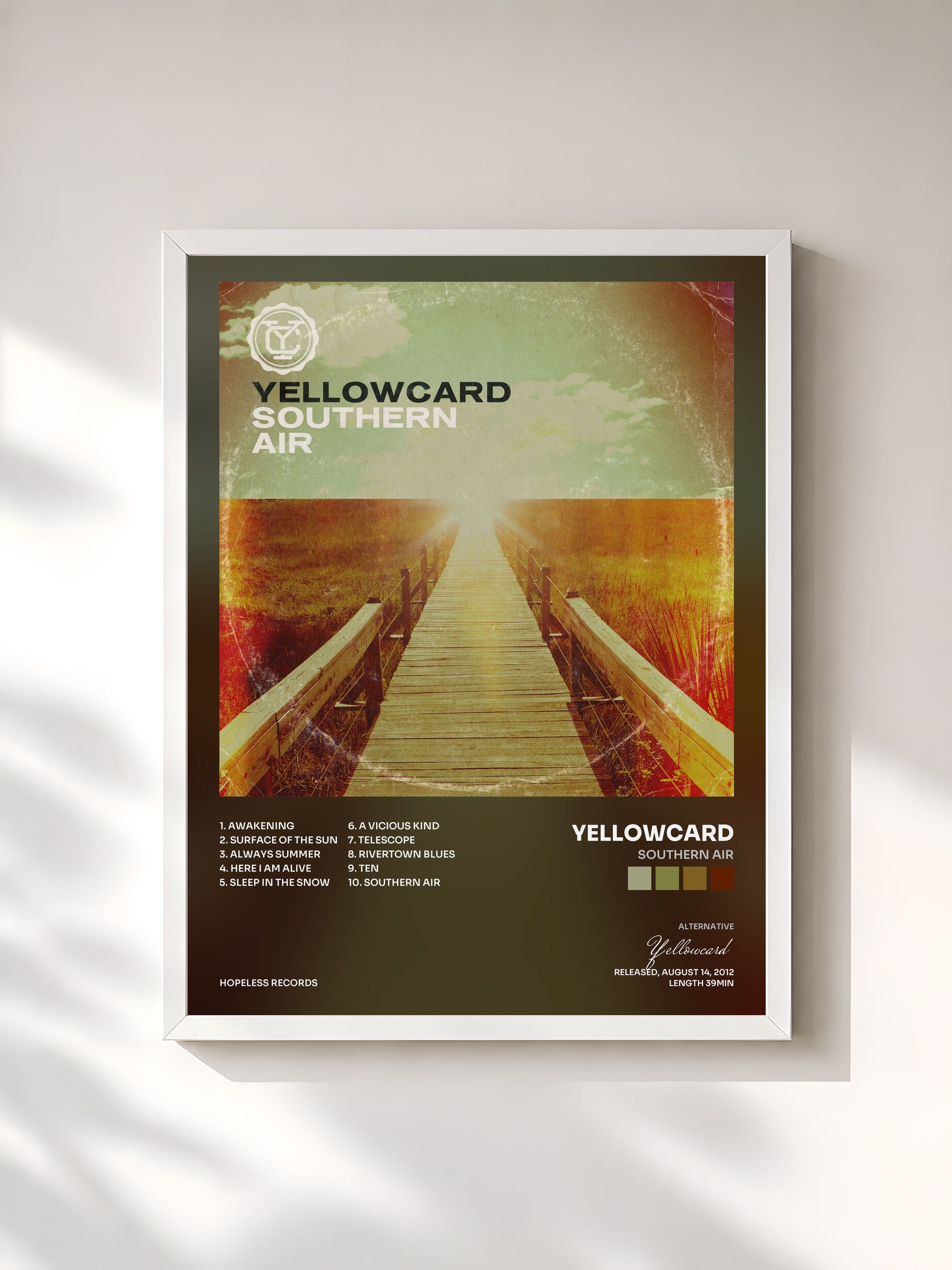 #blanc Tableau de l'album Southern Air de Yellowcard, cadre blanc, imprimé et encadré en France