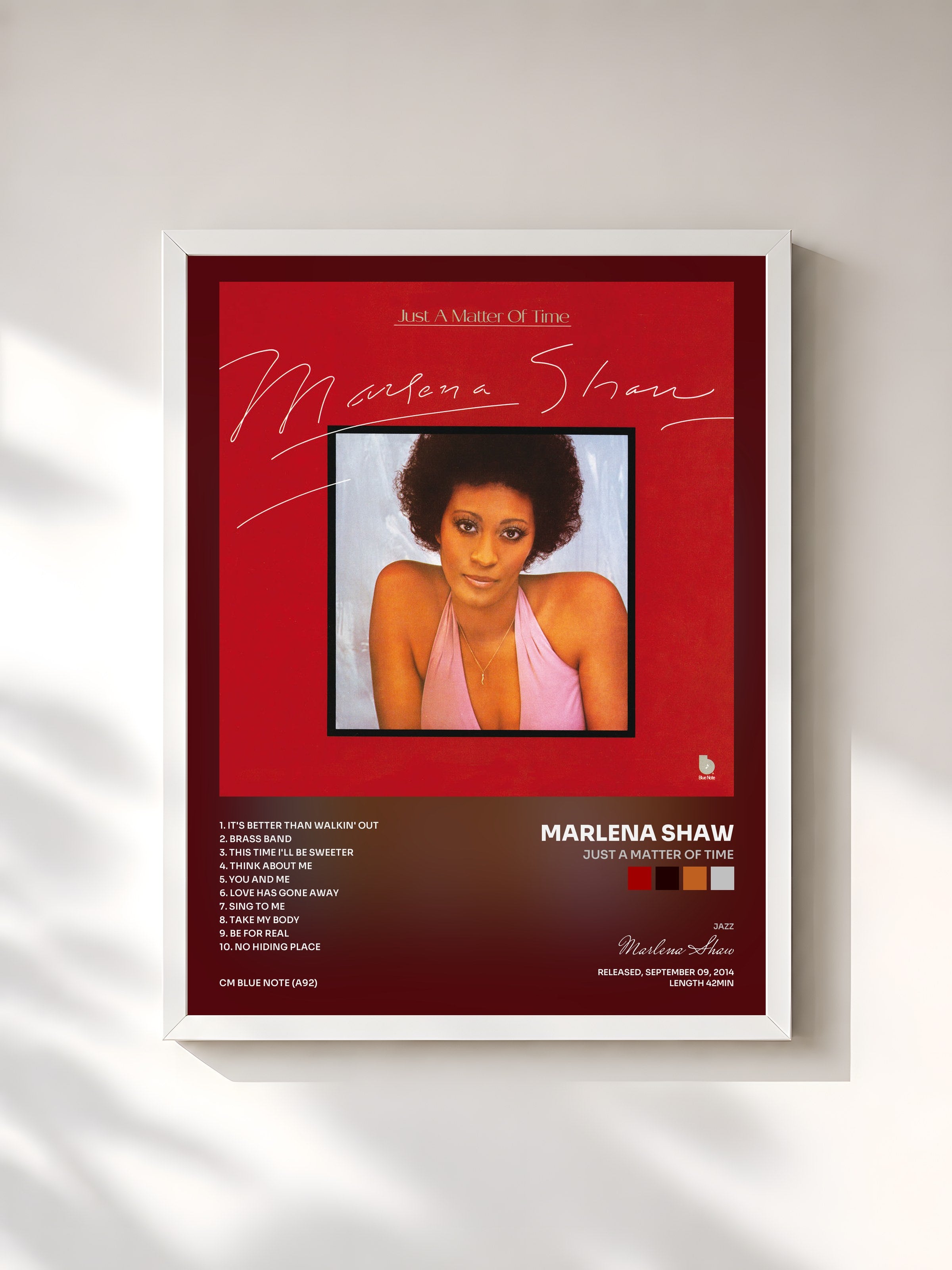 #blanc Tableau de l'album Just A Matter Of Time de Marlena Shaw, cadre blanc, imprimé et encadré en France