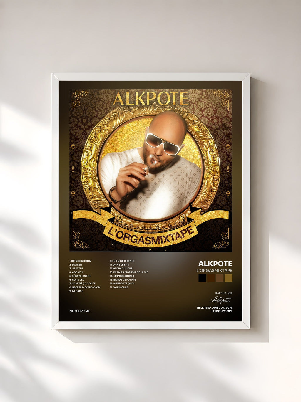 #blanc L'Orgasmixtape de Alkpote en lámina enmarcada, marco blanco, impresa y enmarcada en Francia