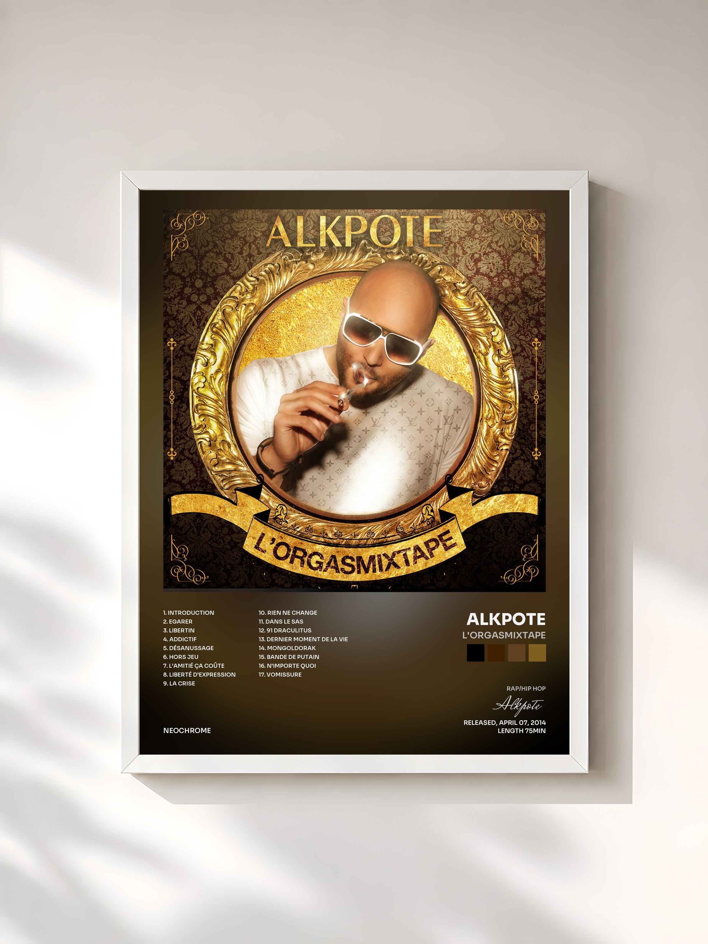 #blanc Tableau de l'album L'Orgasmixtape de Alkpote, cadre blanc, imprimé et encadré en France