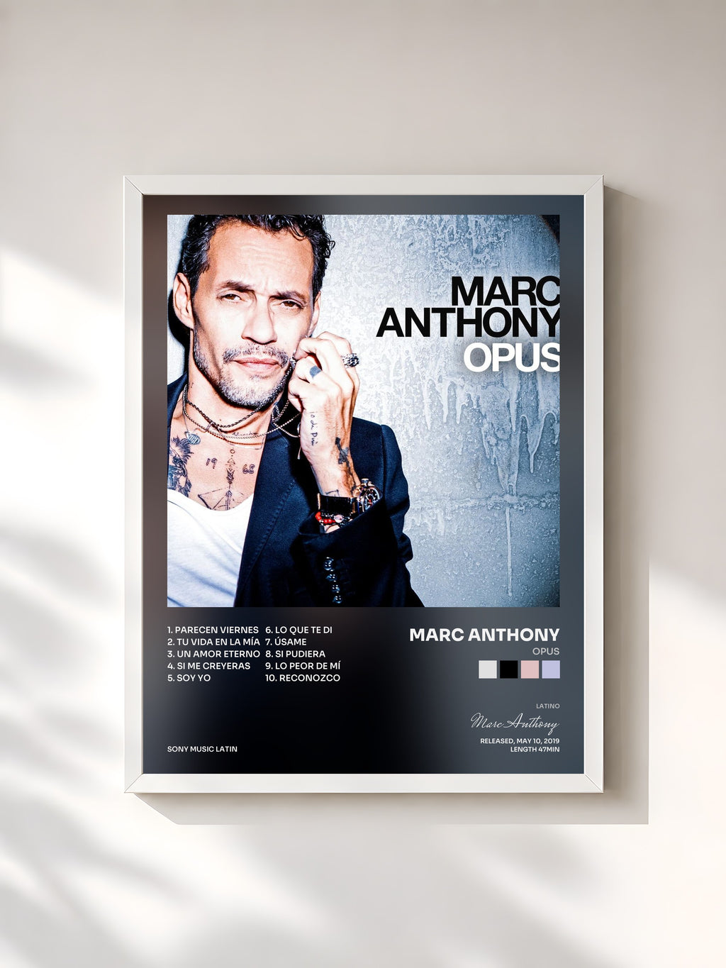 #blanc Tableau de l'album OPUS de Marc Anthony, cadre blanc, imprimé et encadré en France