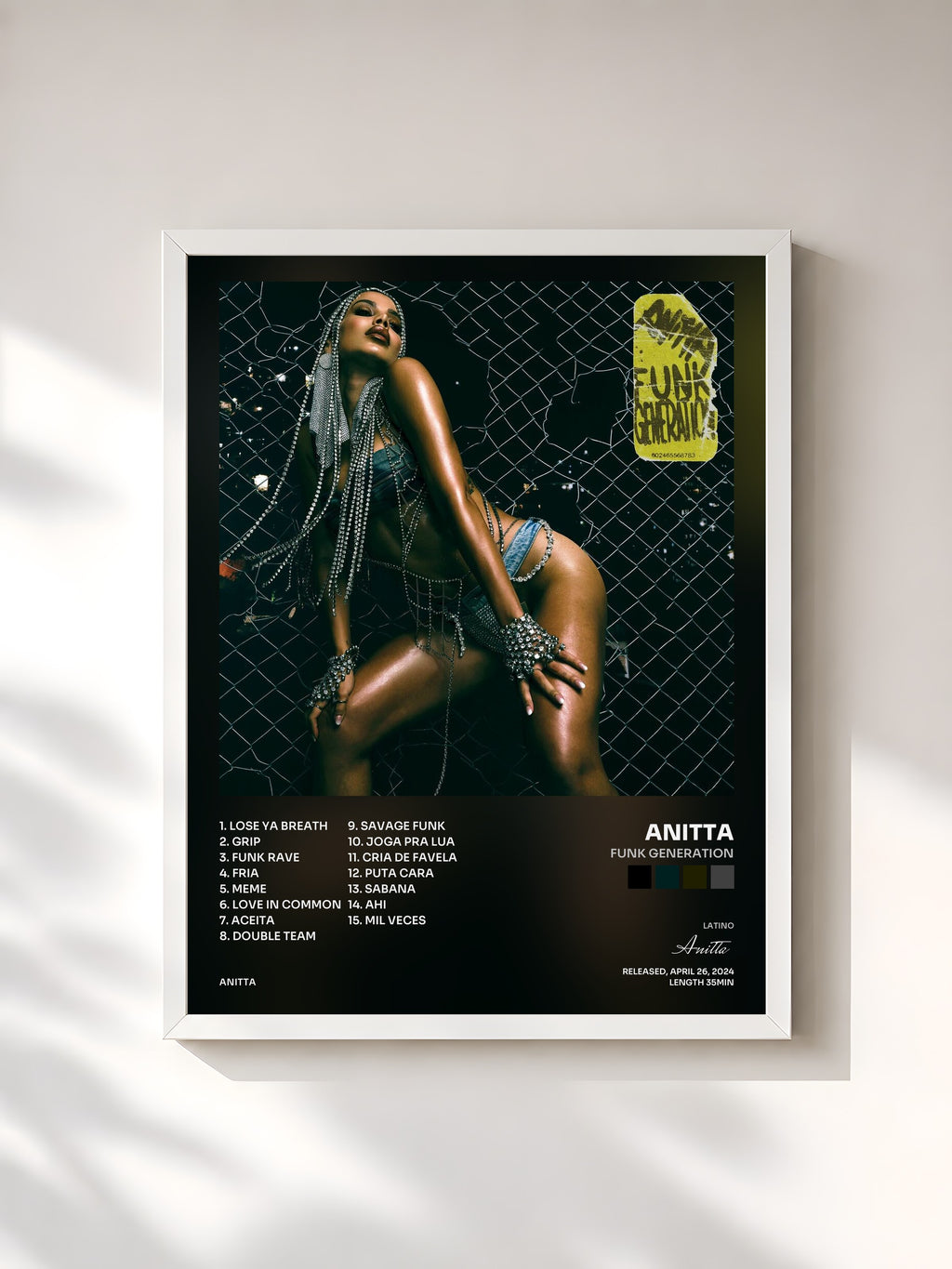 #blanc Tableau de l'album Funk Generation de Anitta, cadre blanc, imprimé et encadré en France