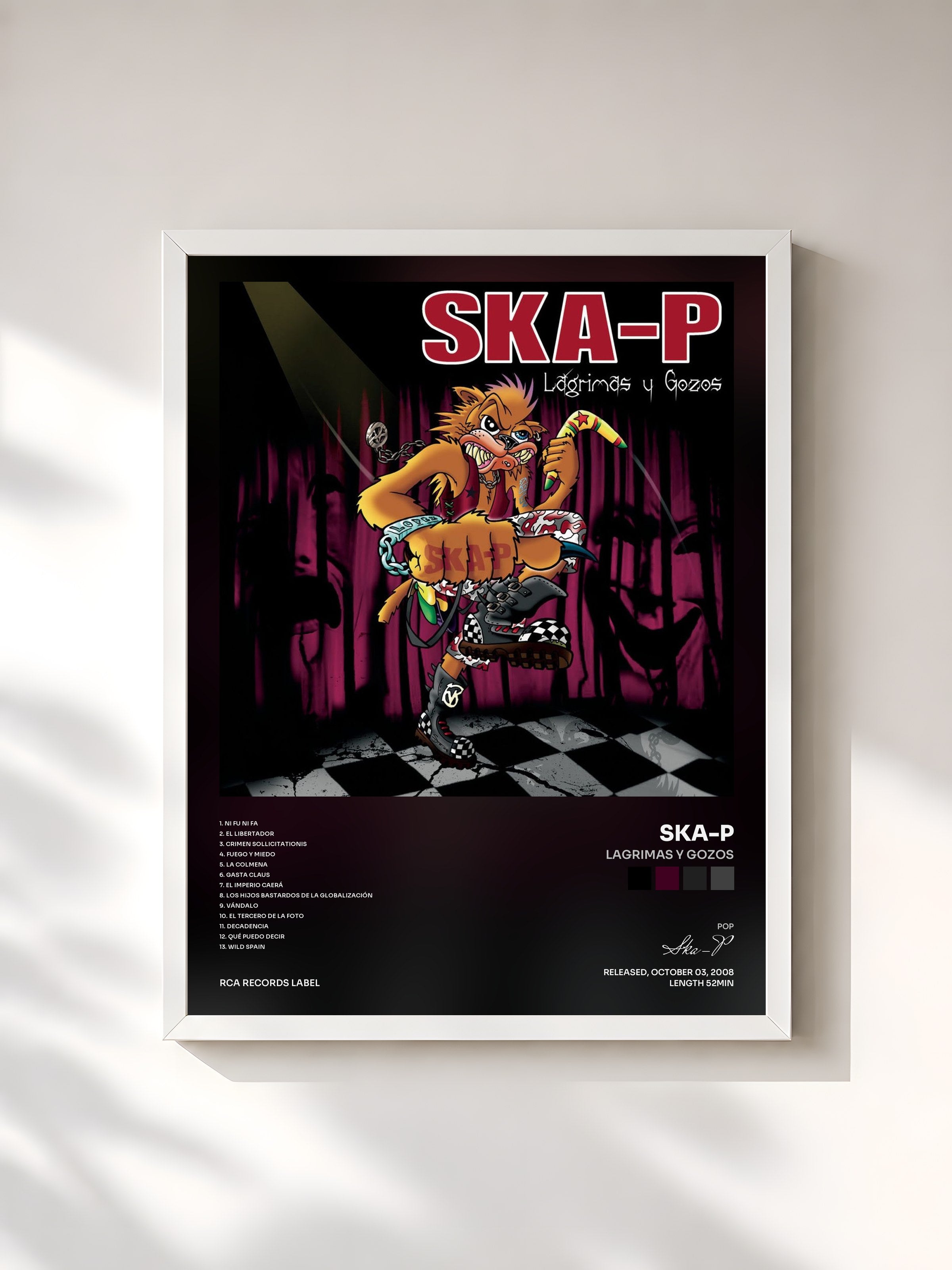 #blanc Tableau de l'album Lagrimas Y Gozos de Ska-P, cadre blanc, imprimé et encadré en France