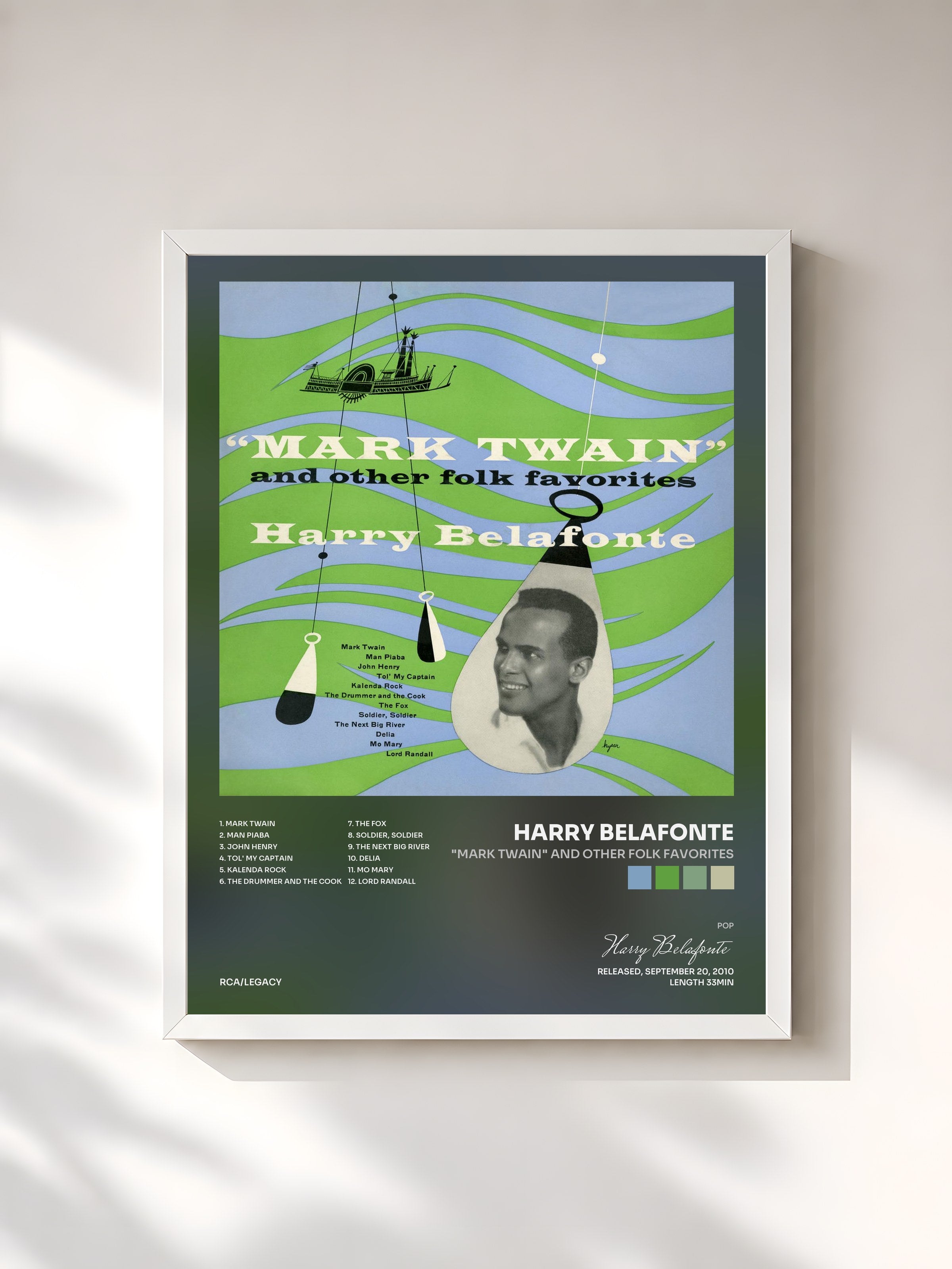 #blanc Tableau de l'album "Mark Twain" and Other Folk Favorites de Harry Belafonte, cadre blanc, imprimé et encadré en France