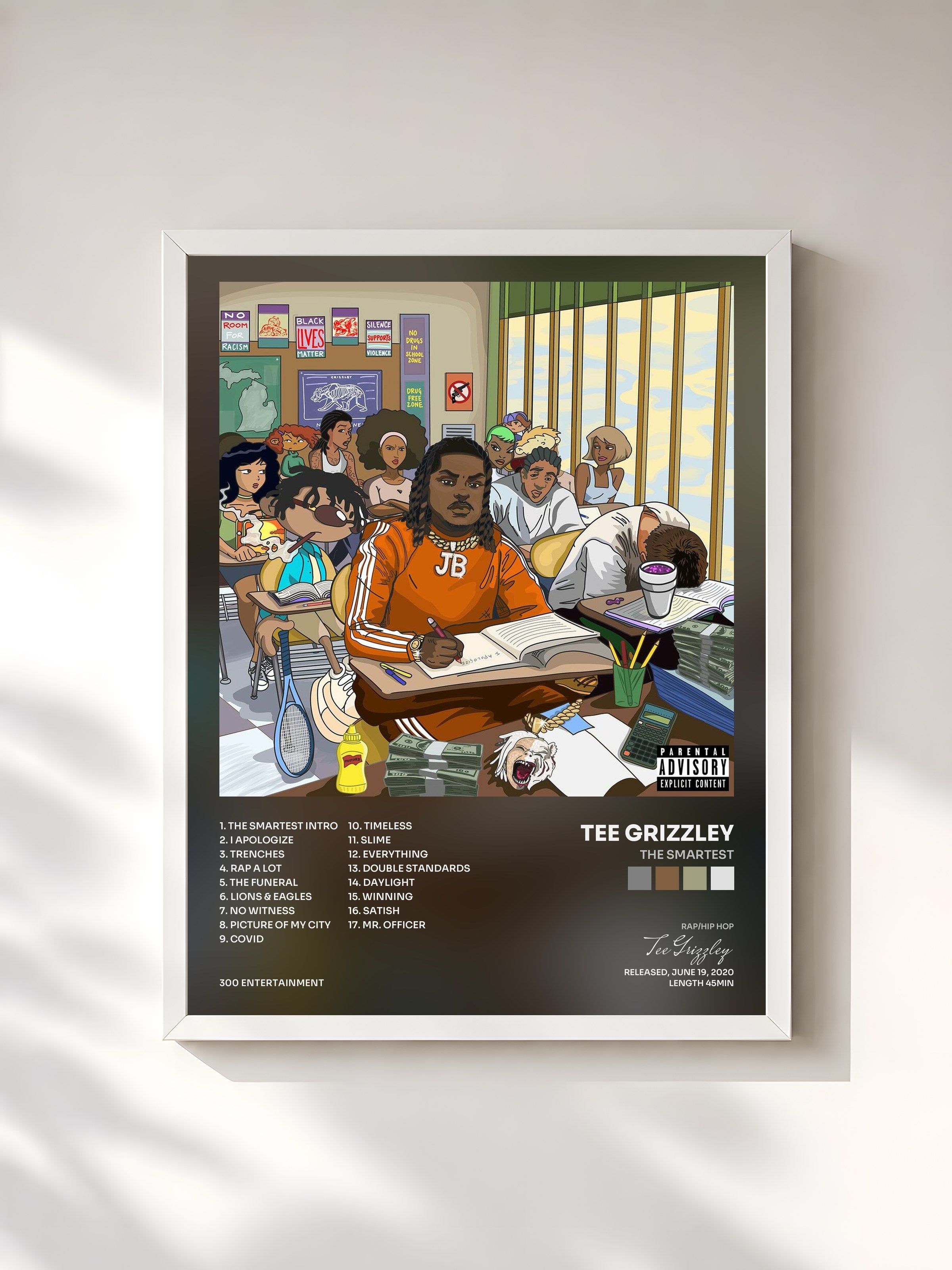 #blanc Tableau de l'album The Smartest de Tee Grizzley, cadre blanc, imprimé et encadré en France
