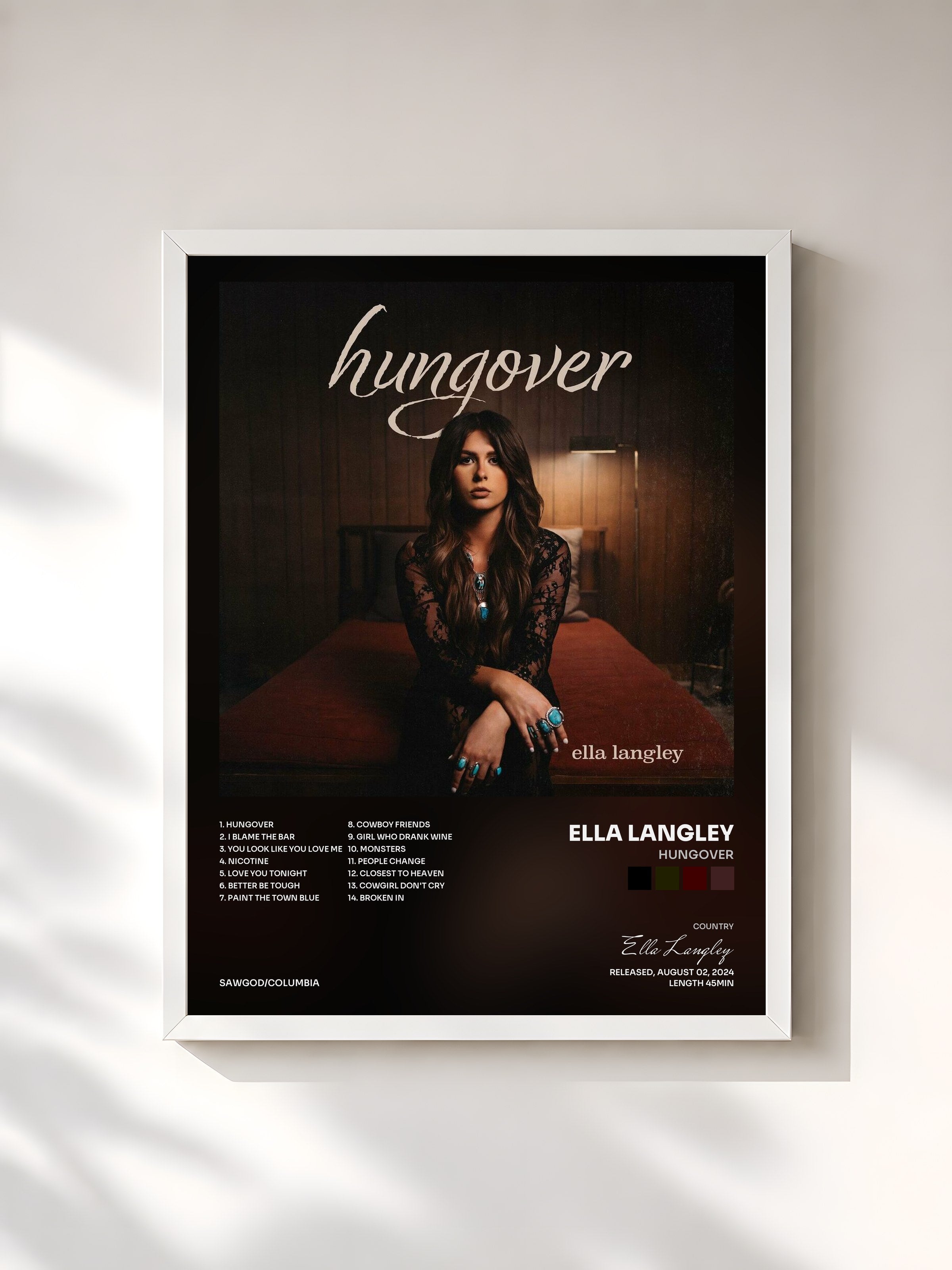 #blanc Tableau de l'album hungover de Ella Langley, cadre blanc, imprimé et encadré en France