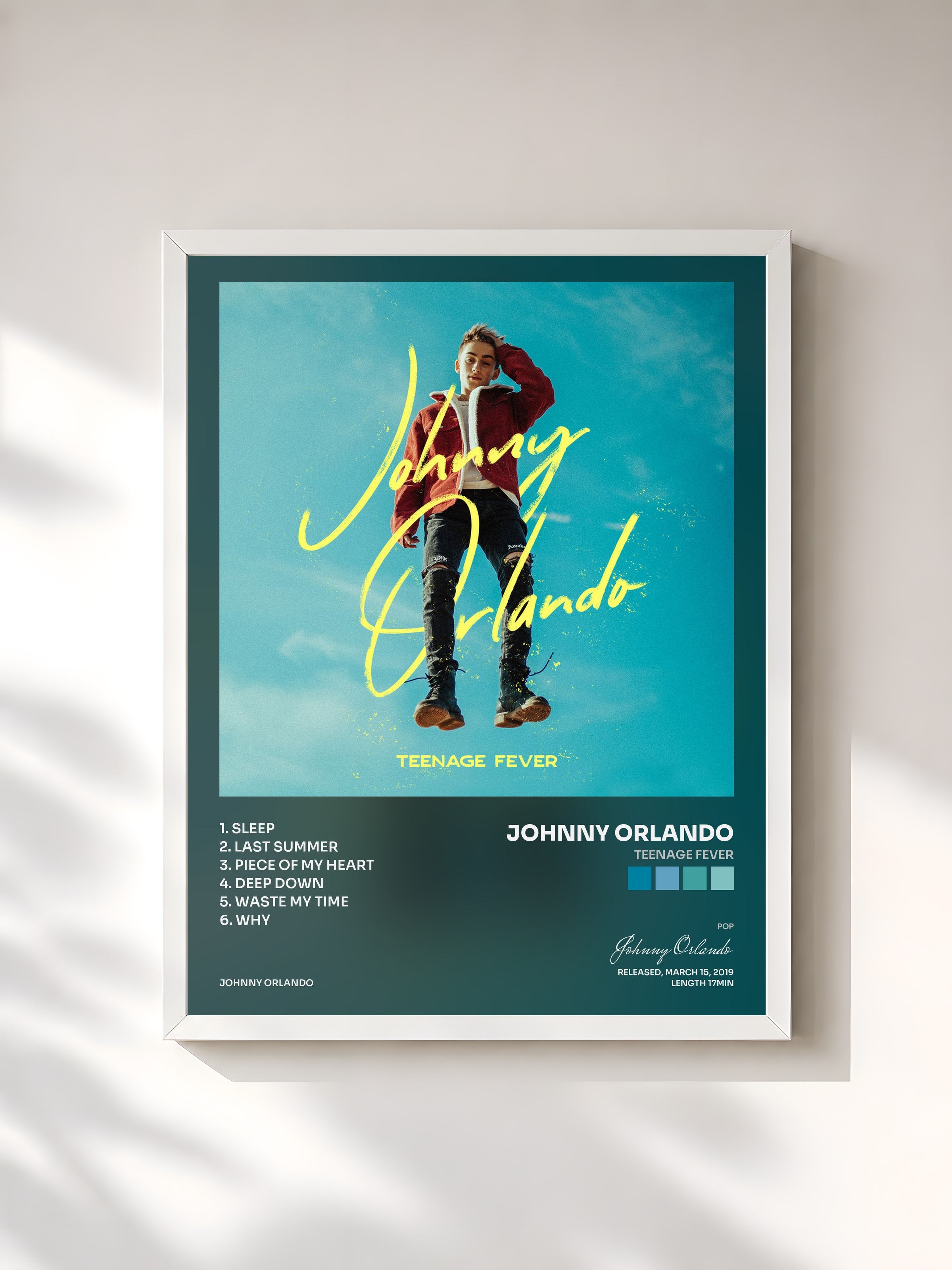 #blanc Tableau de l'album Teenage Fever de Johnny Orlando, cadre blanc, imprimé et encadré en France