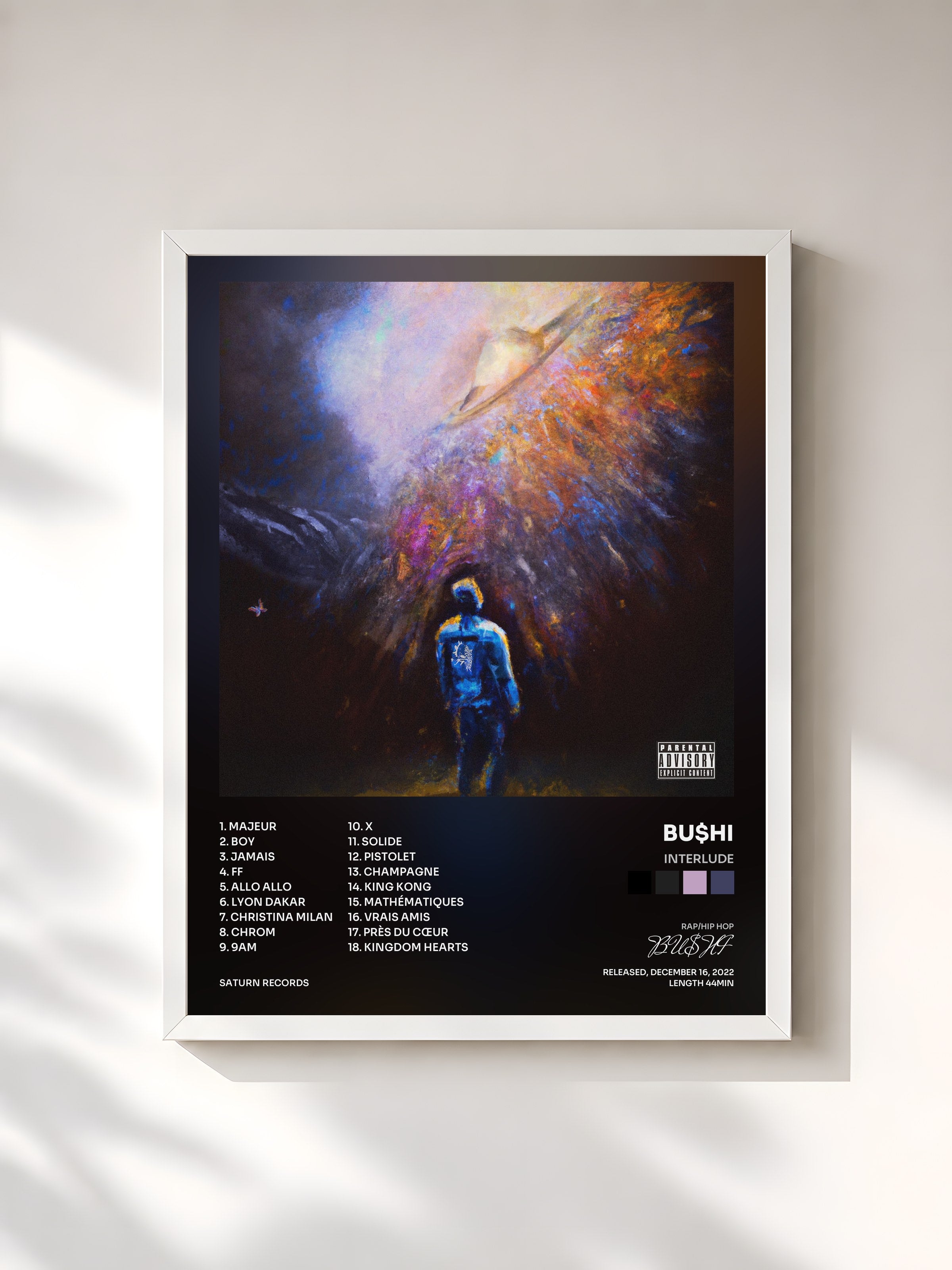 #blanc Tableau de l'album Interlude de BU$HI, cadre blanc, imprimé et encadré en France