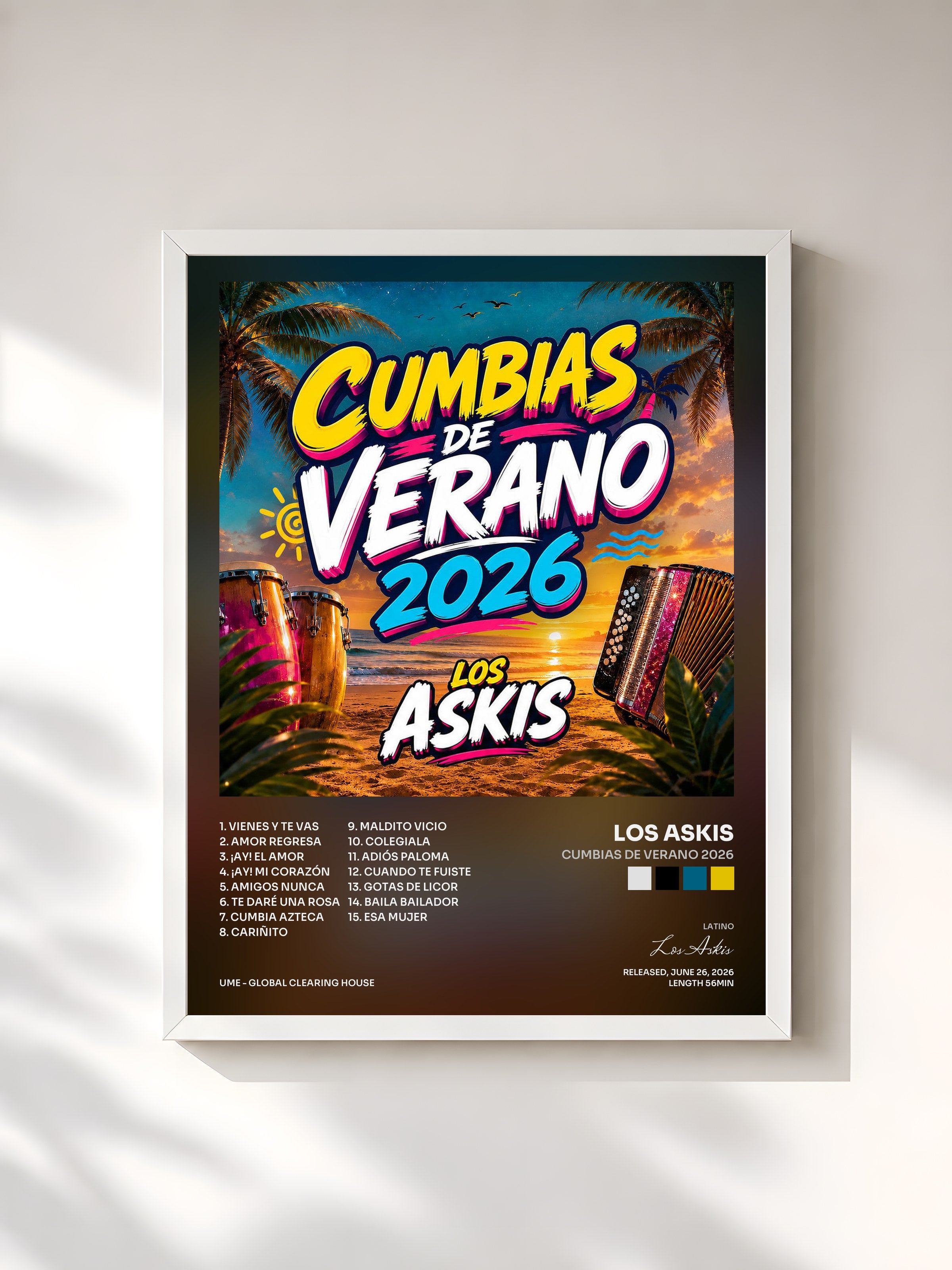 #blanc Tableau de l'album CUMBIAS DE VERANO 2026 de Los Askis, cadre blanc, imprimé et encadré en France