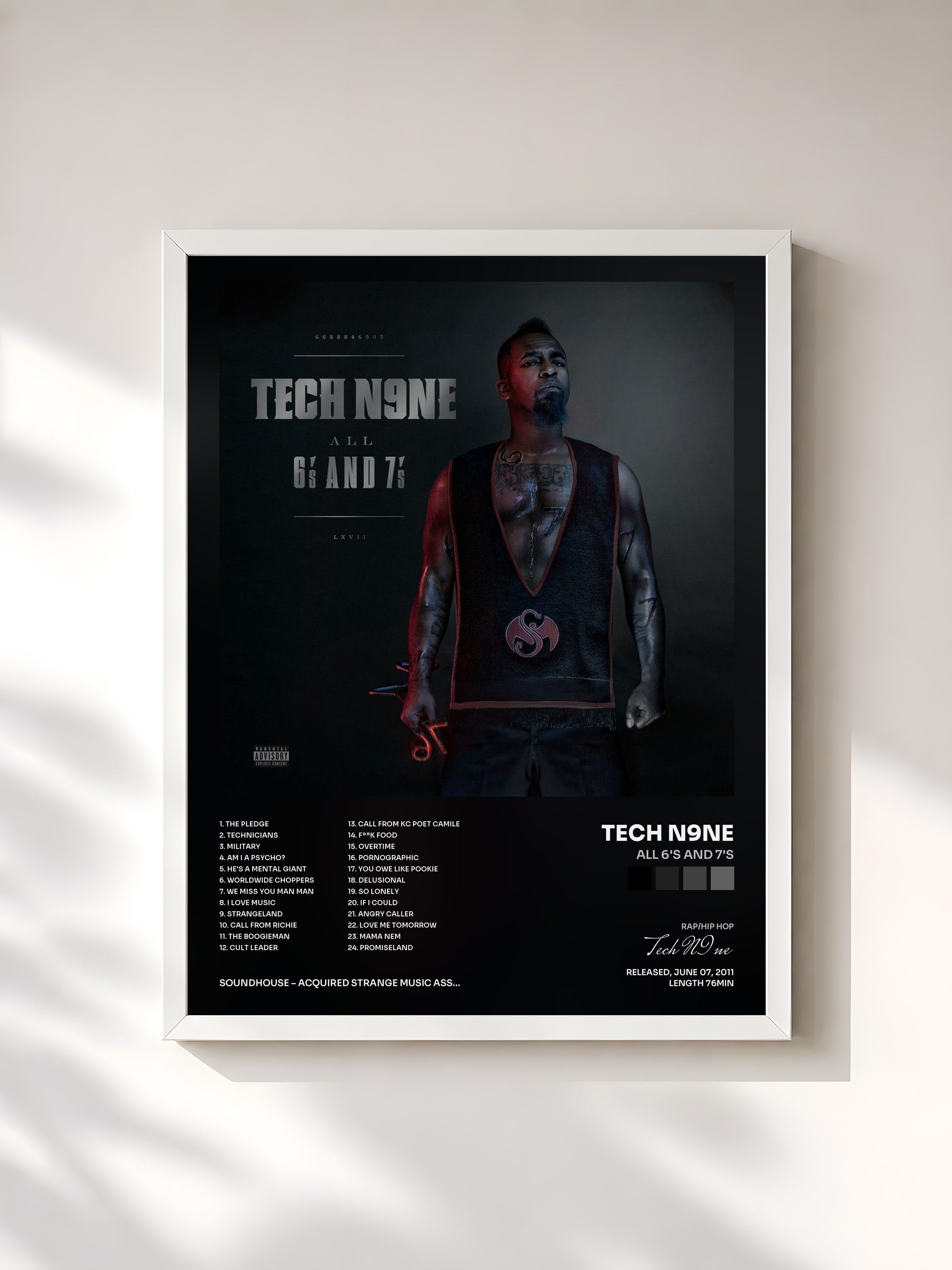#blanc Tableau de l'album All 6's And 7's de Tech N9ne, cadre blanc, imprimé et encadré en France