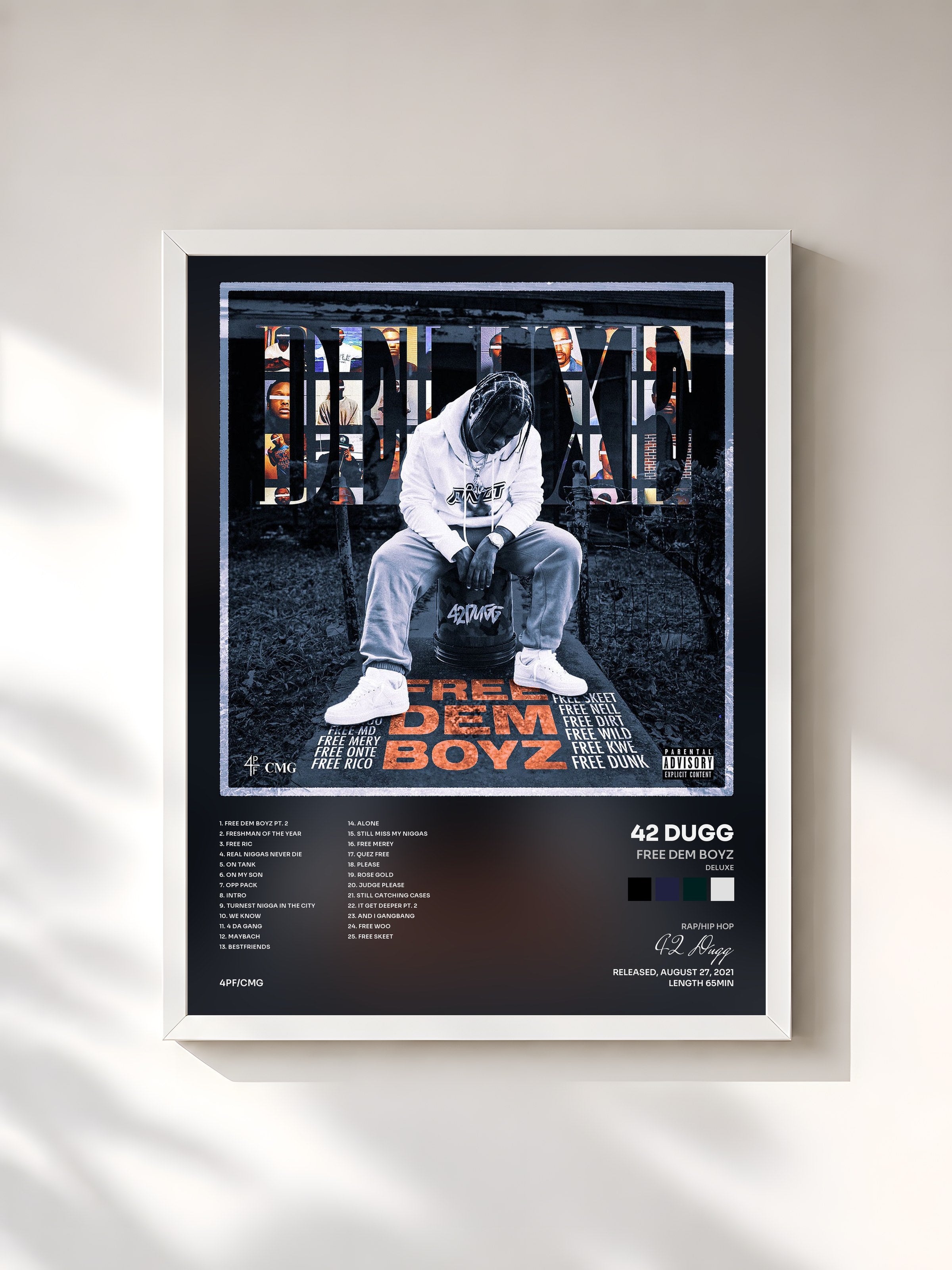 #blanc Tableau de l'album Free Dem Boyz (Deluxe) de 42 Dugg, cadre blanc, imprimé et encadré en France