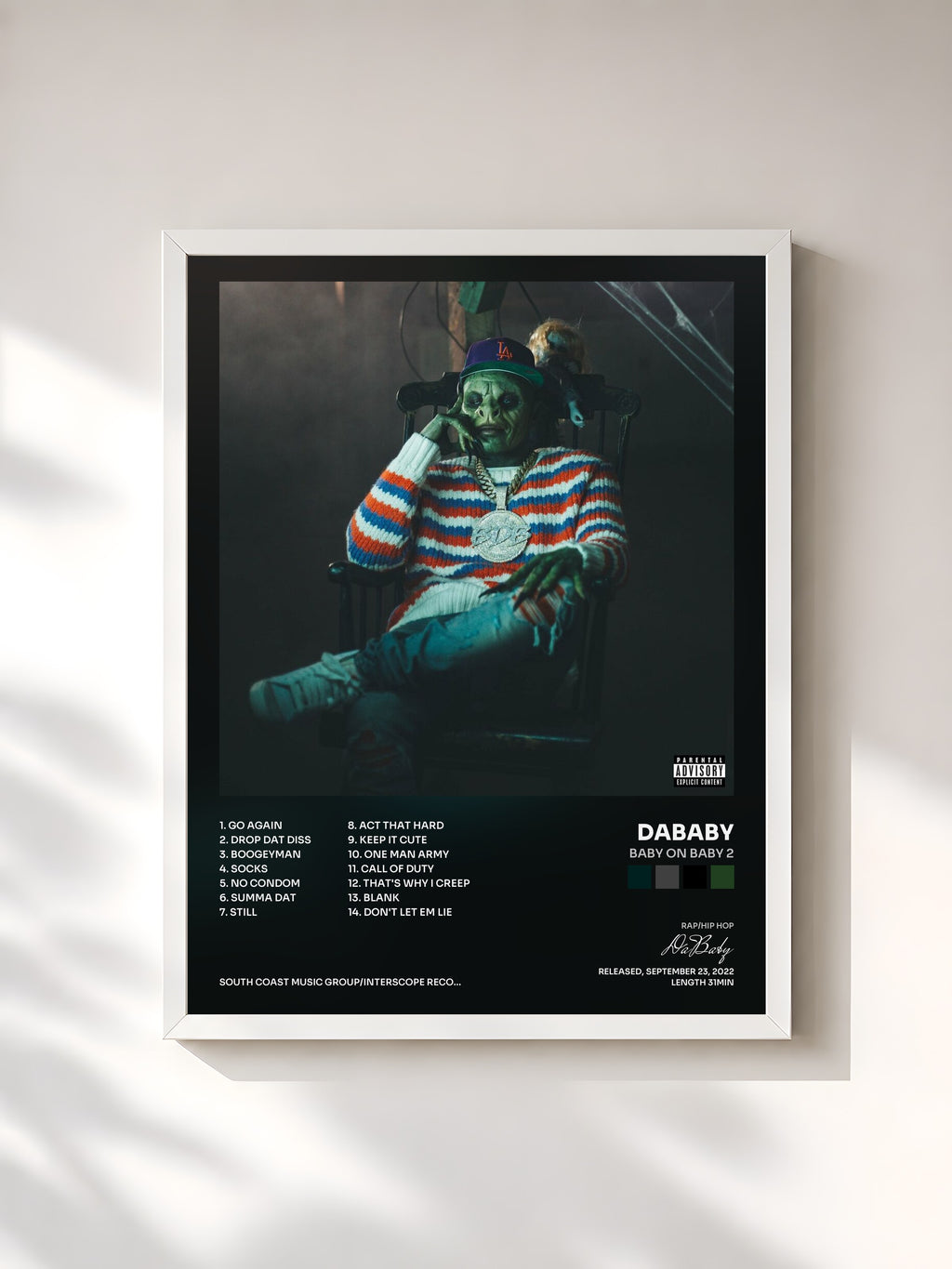 #blanc Tableau de l'album Baby On Baby 2 de DaBaby, cadre blanc, imprimé et encadré en France