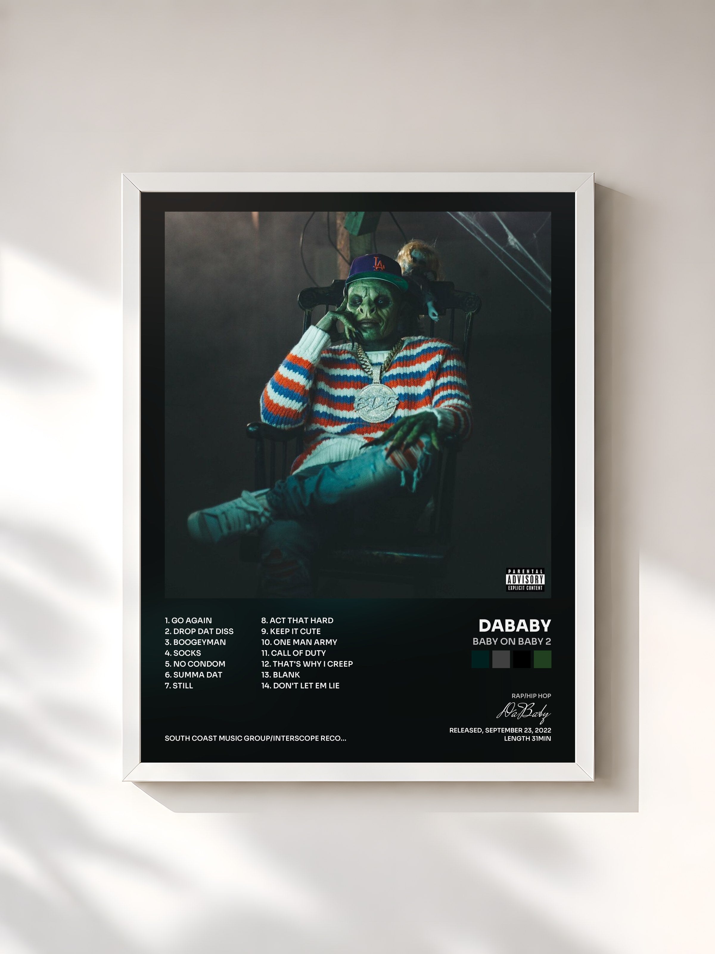 #blanc Tableau de l'album Baby On Baby 2 de DaBaby, cadre blanc, imprimé et encadré en France