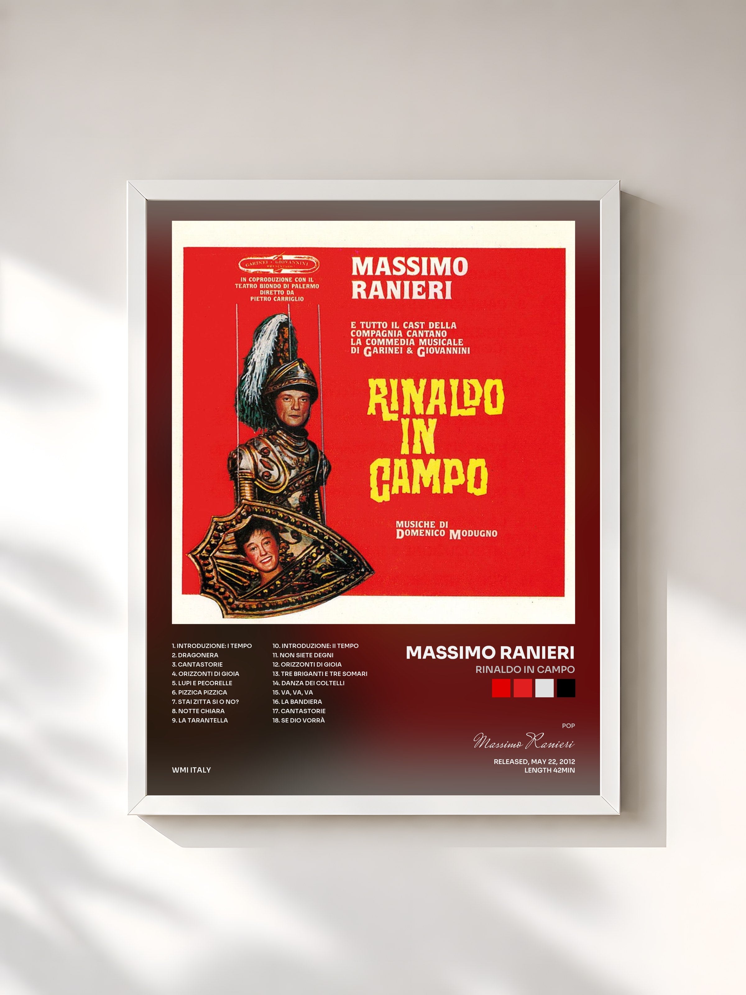 #blanc Tableau de l'album Rinaldo in campo de Massimo Ranieri, cadre blanc, imprimé et encadré en France