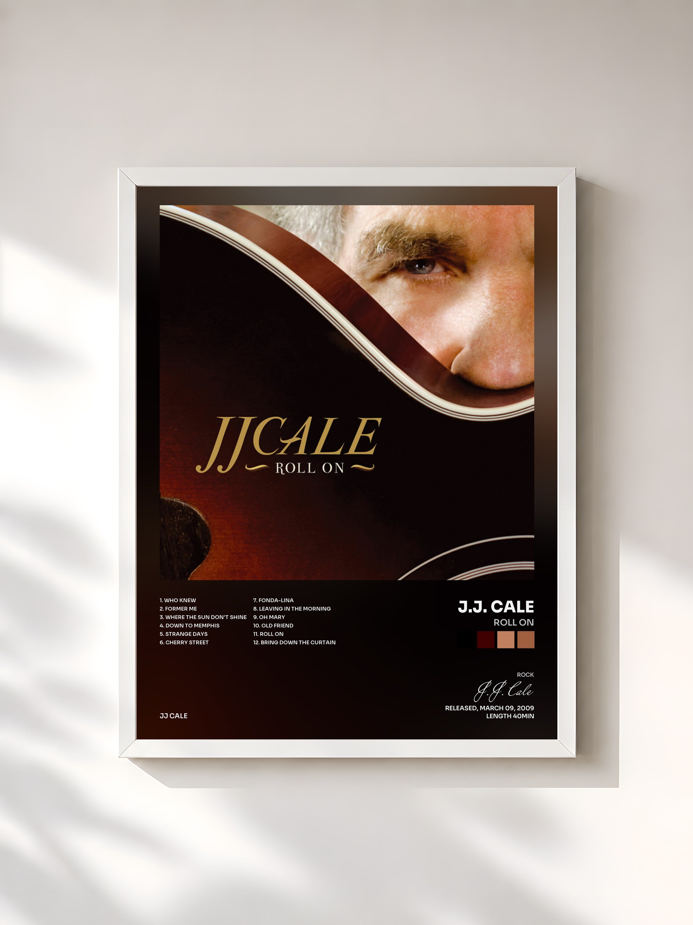 #blanc Tableau de l'album Roll On de J.J. Cale, cadre blanc, imprimé et encadré en France