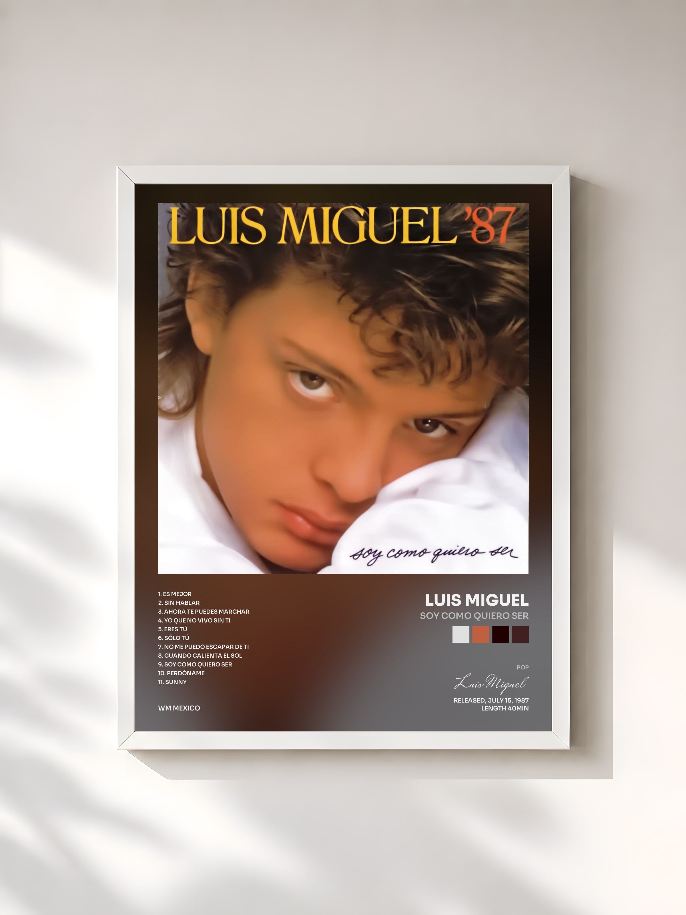 #blanc Tableau de l'album Soy Como Quiero Ser de Luis Miguel, cadre blanc, imprimé et encadré en France